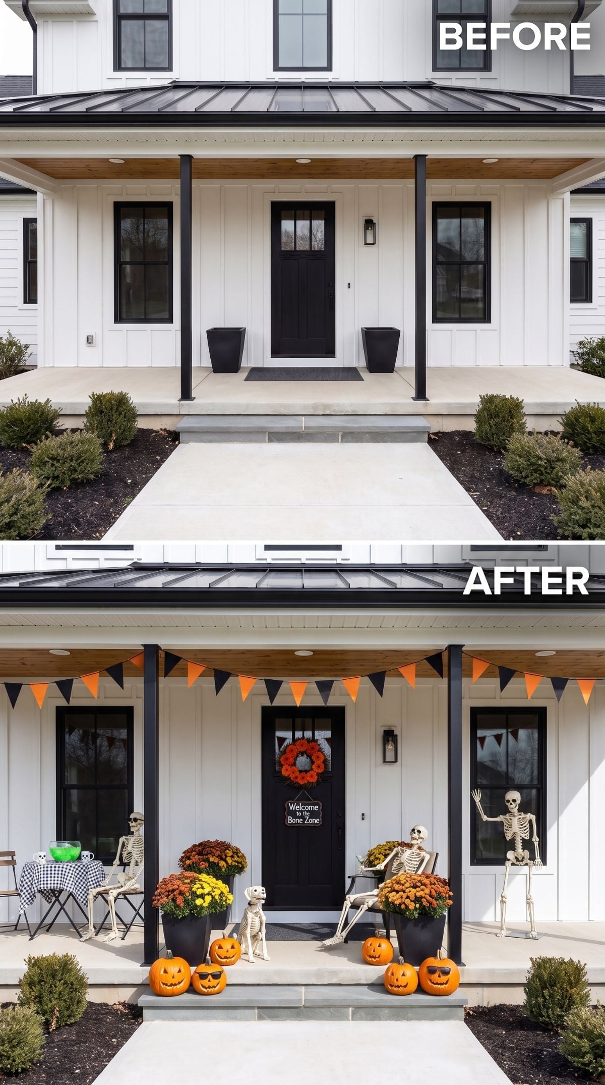 Skeleton Party Crew and Orange Bunting Turn a Clean Farmhouse Porch Into Halloween Gold