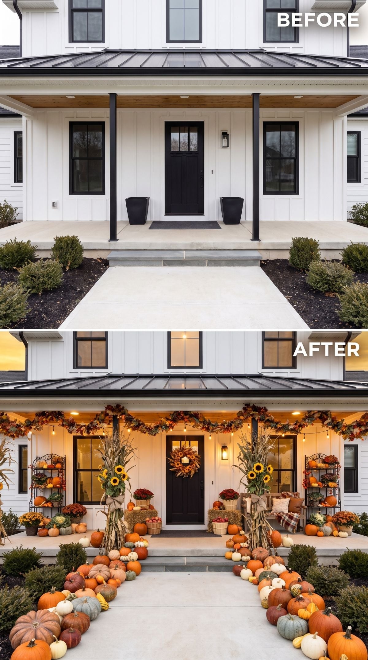 Sunflowers, Corn Stalks, and Dozens of Pumpkins Flood a Spotless Modern Farmhouse Porch