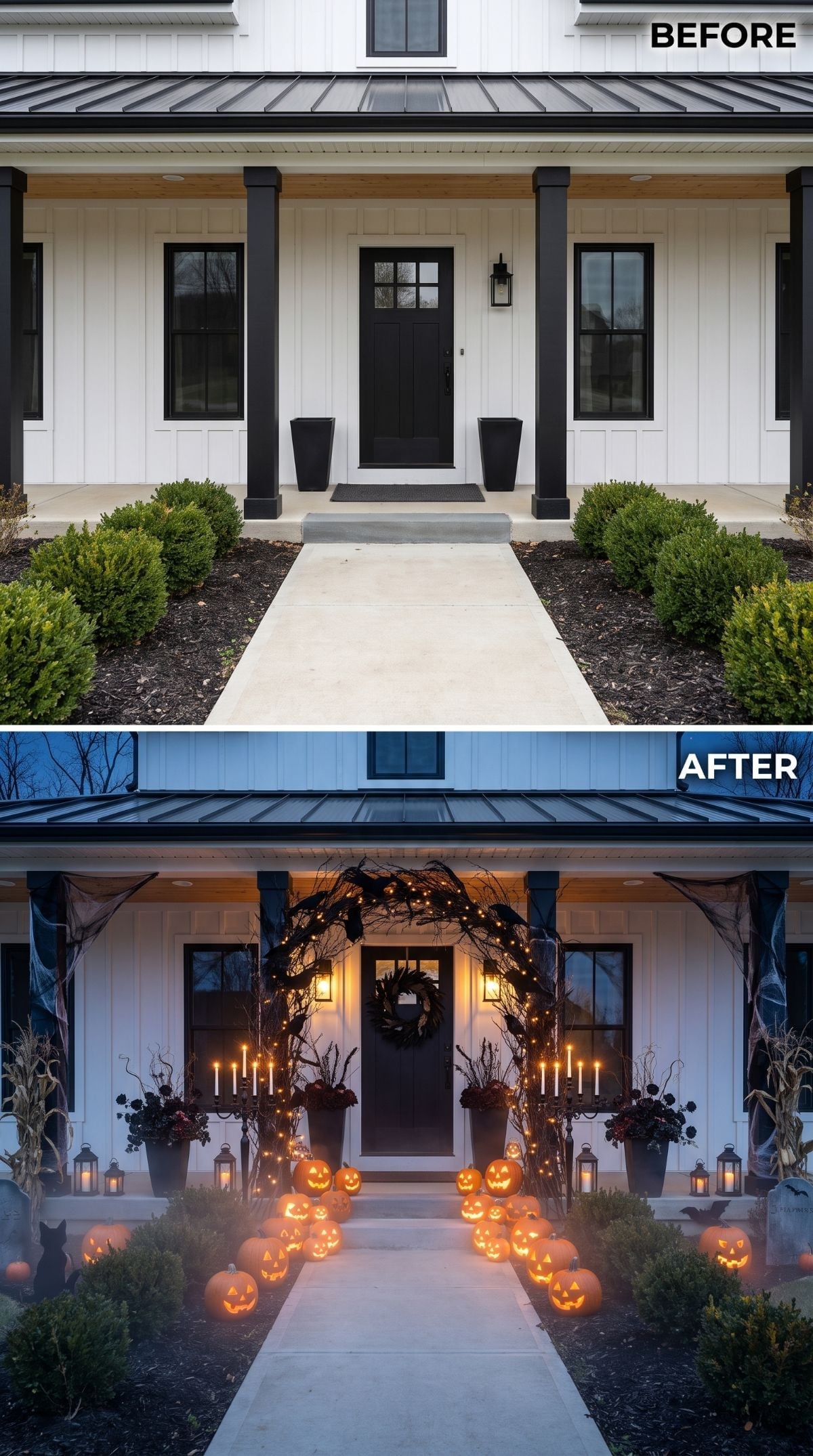 Twisting Branch Arch and Rows of Jack-o'-Lanterns Overtake a Modern Farmhouse Entry