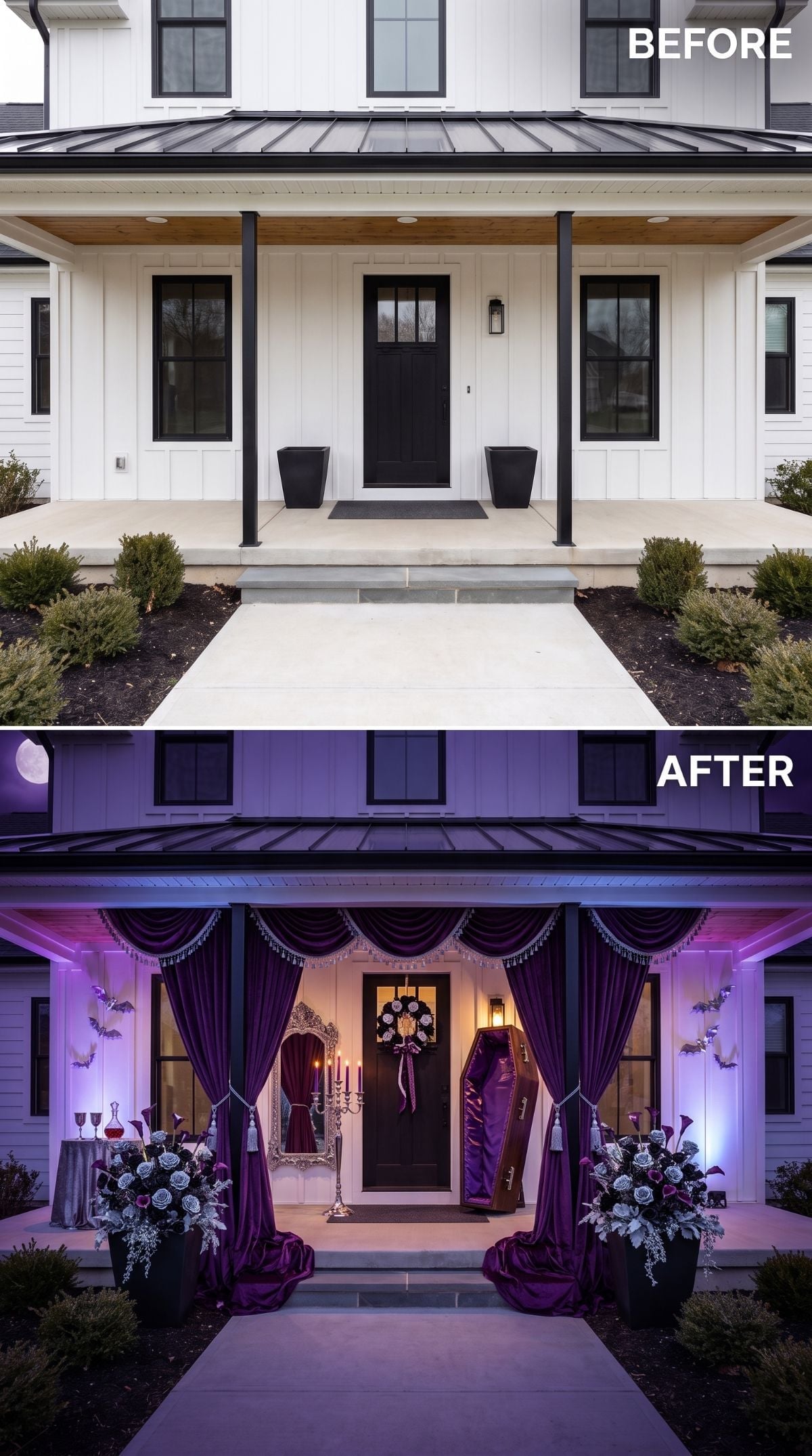 Vampire Chic: Deep Purple Velvet Drapes and a Coffin Prop Own This Farmhouse Porch