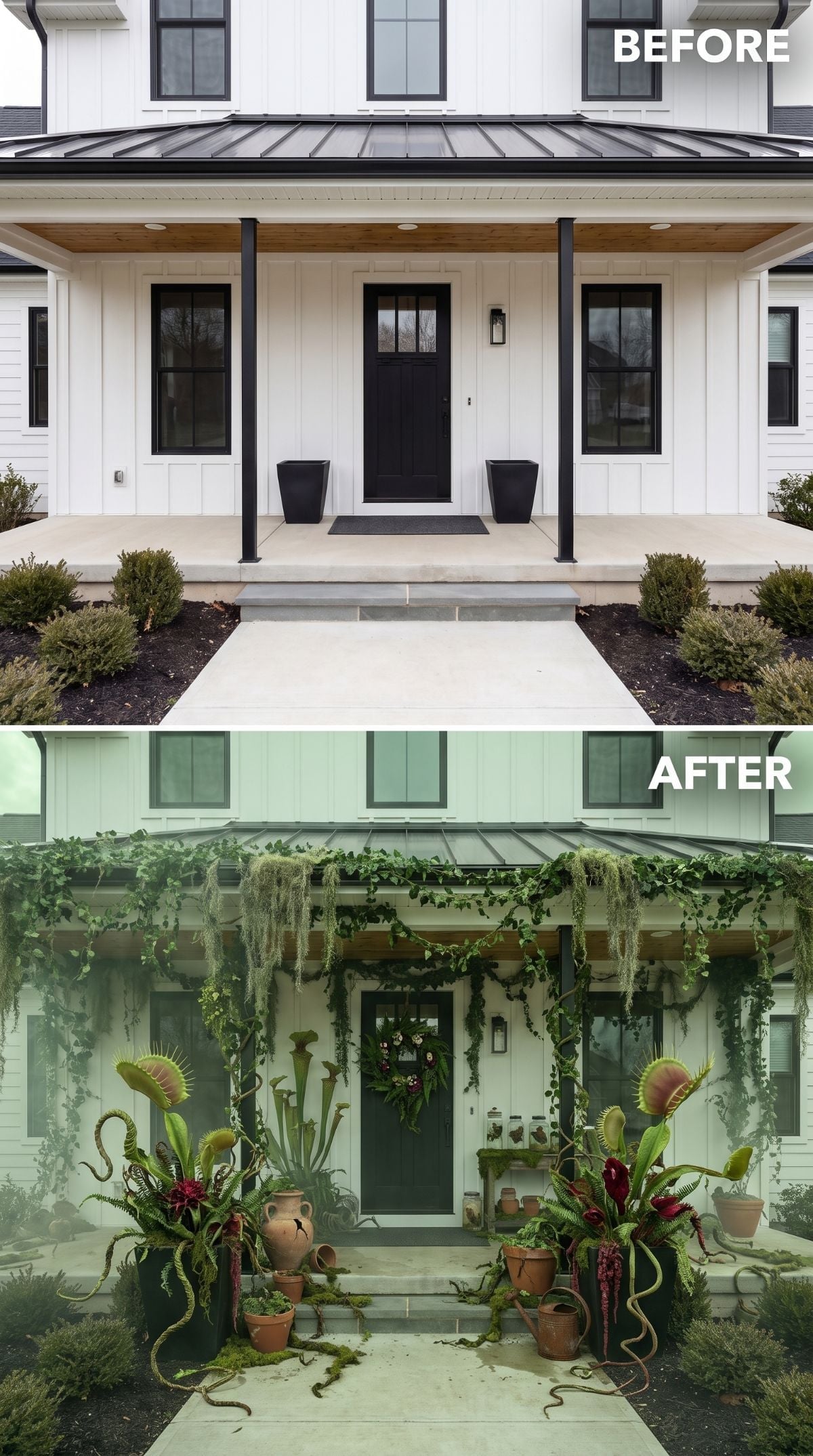 Venus Flytraps and Carnivorous Plants Devour a Modern Farmhouse Porch for Halloween