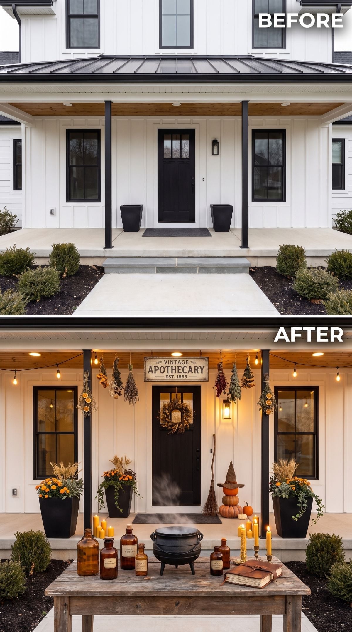 Vintage Apothecary Styling Turns a Modern Farmhouse Porch Into Halloween's Best Set Piece