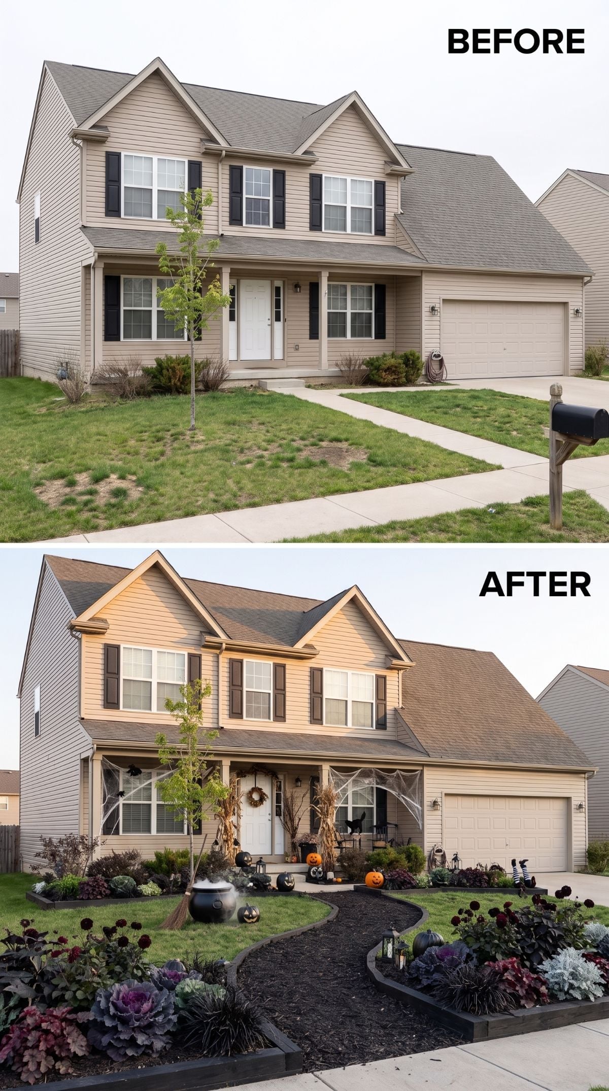 Warm Yellow Siding and Black Mulch Do More Work Than You'd Expect