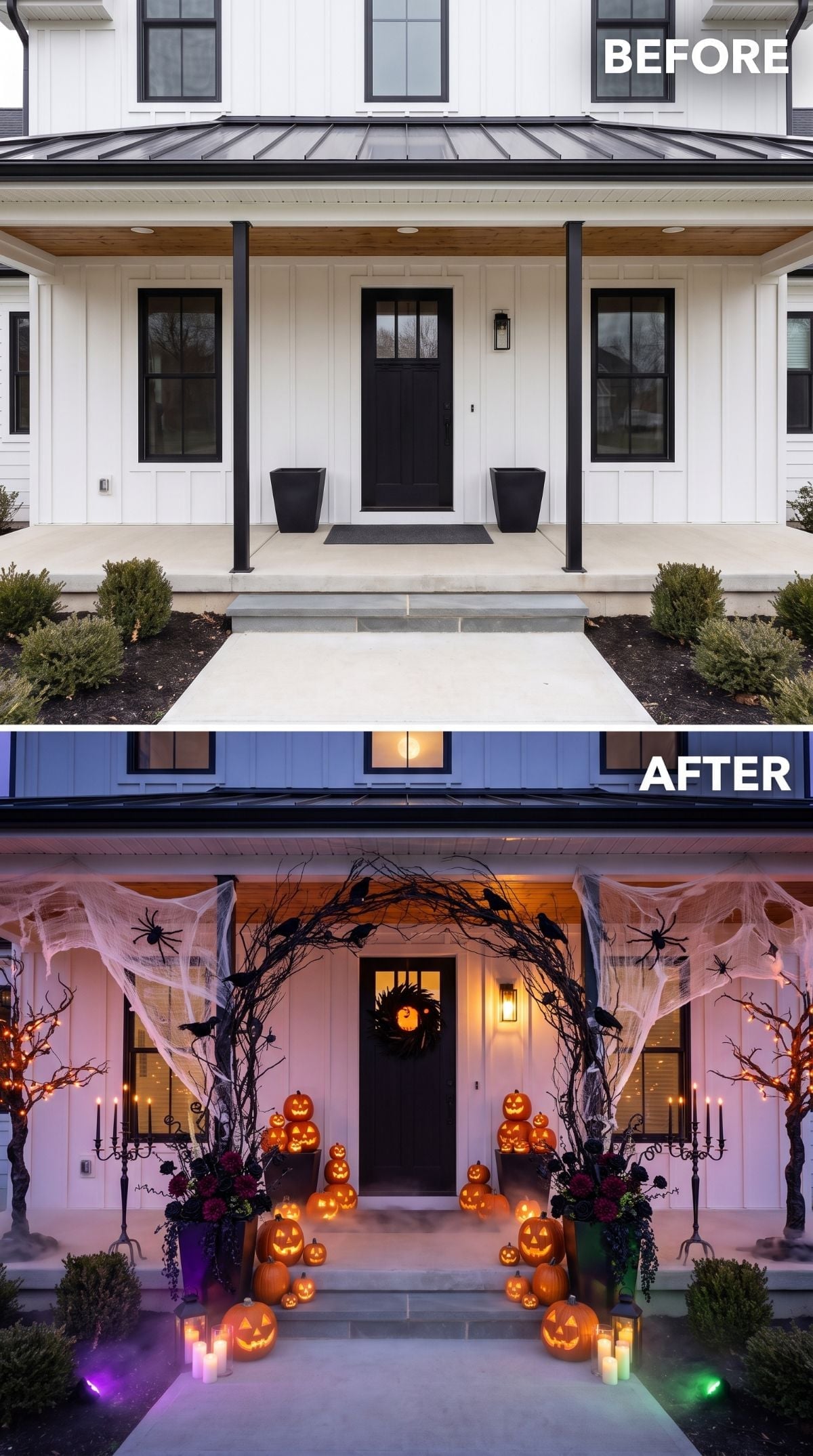 White Board-and-Batten Porch Goes Full Gothic With Jack-o'-Lanterns and Crow Archway