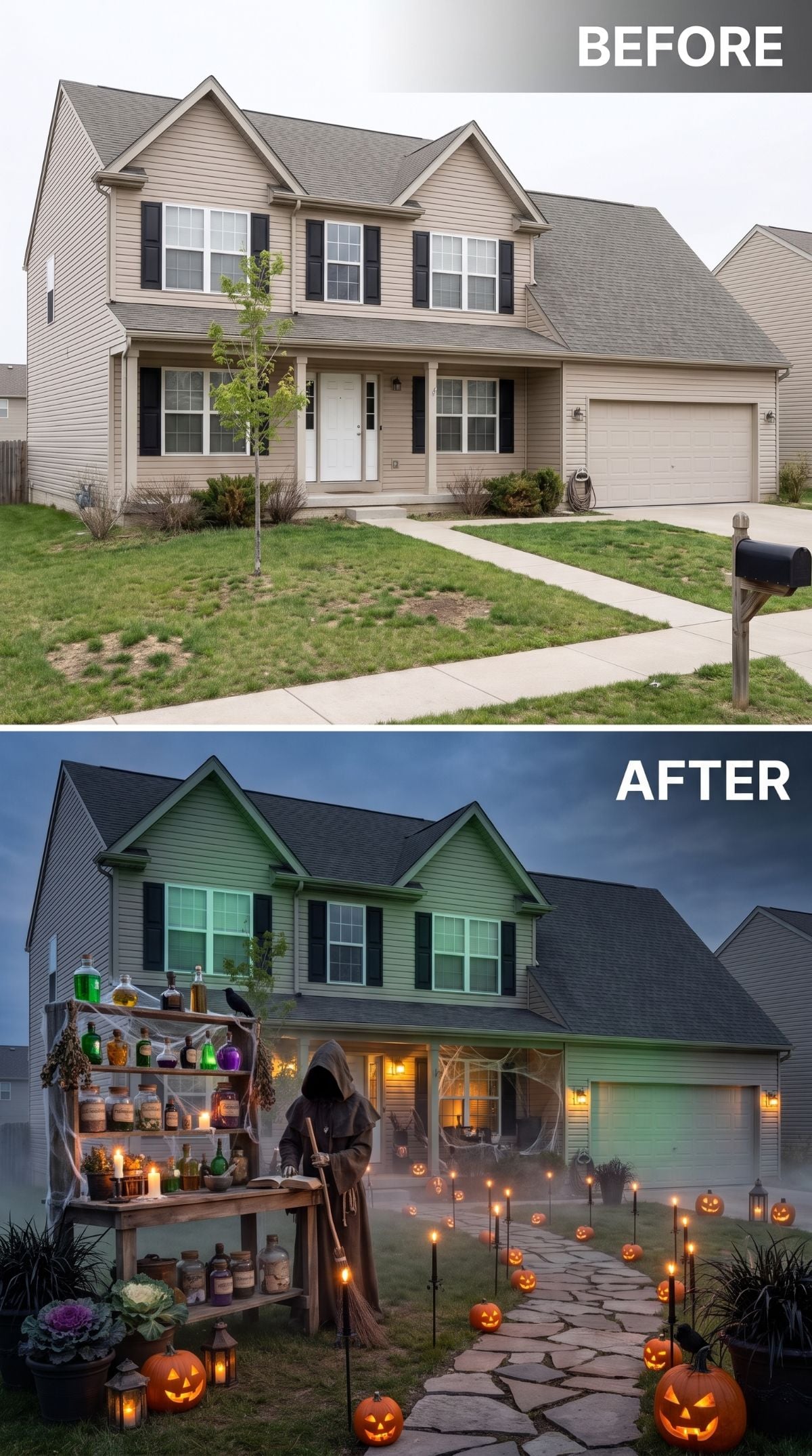 Witch's Apothecary Cart and a Robed Reaper Turn a Bland Suburban Two-Story Genuinely Sinister