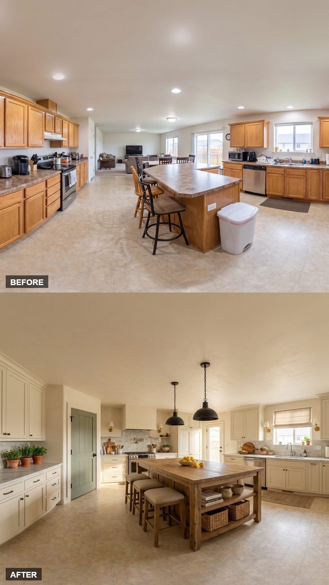 Cream Cabinets, Aged Wood Island, and Black Pendants That Finally Settle the Room