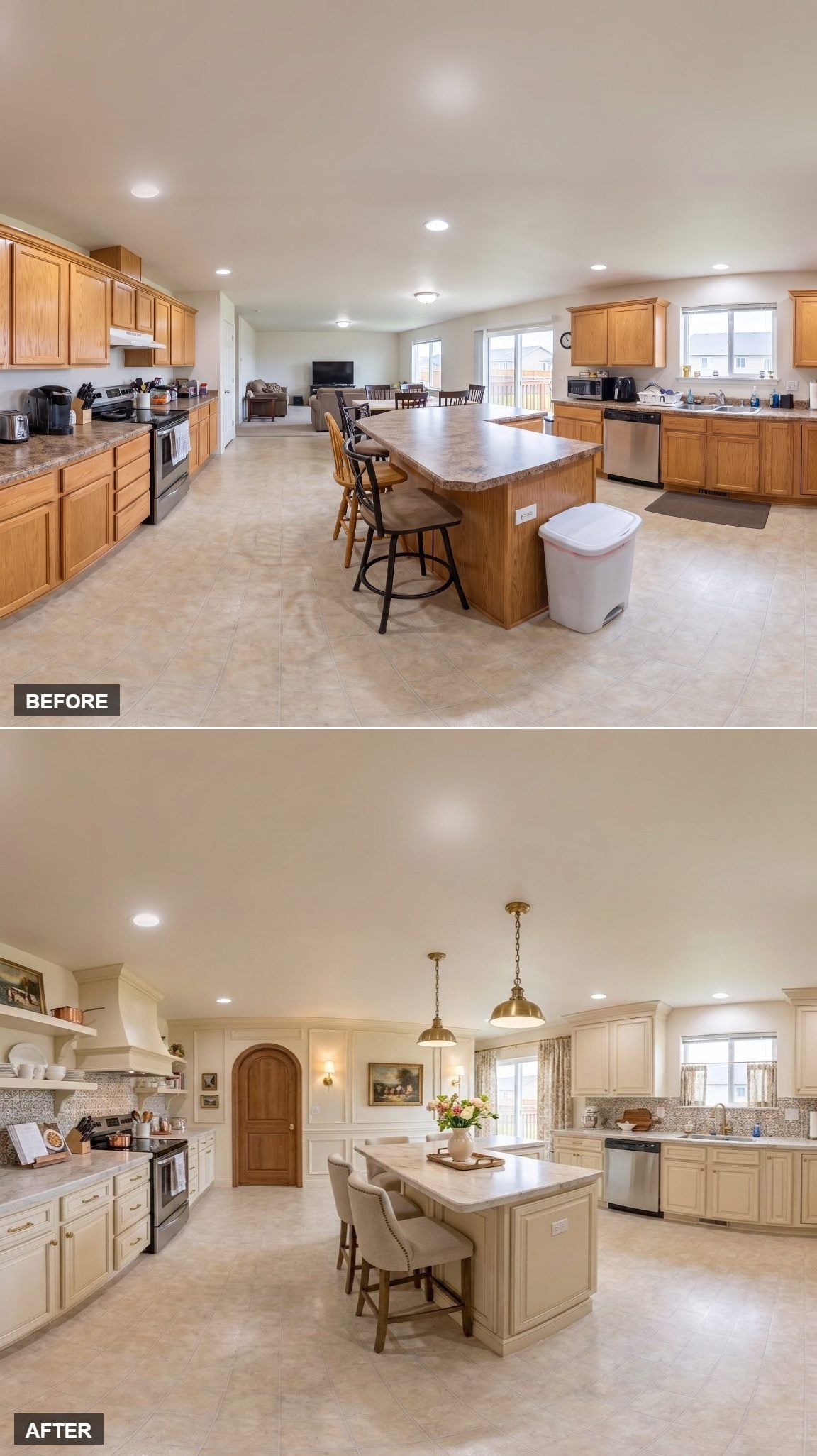 Cream Cabinets, Brass Pendants, and Wainscoting That Gives the Room Its Edges