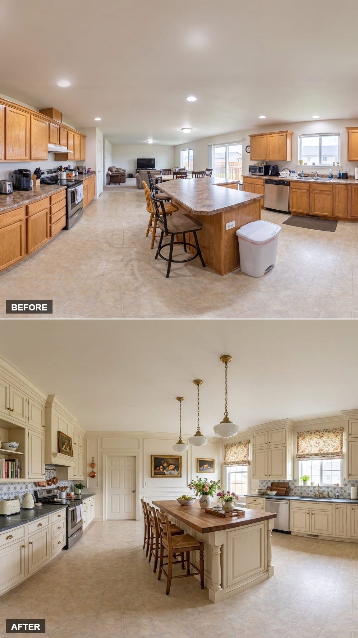 Cream Cabinets Get Raised Panel Detail and a Butcher Block Island That Earns the Room