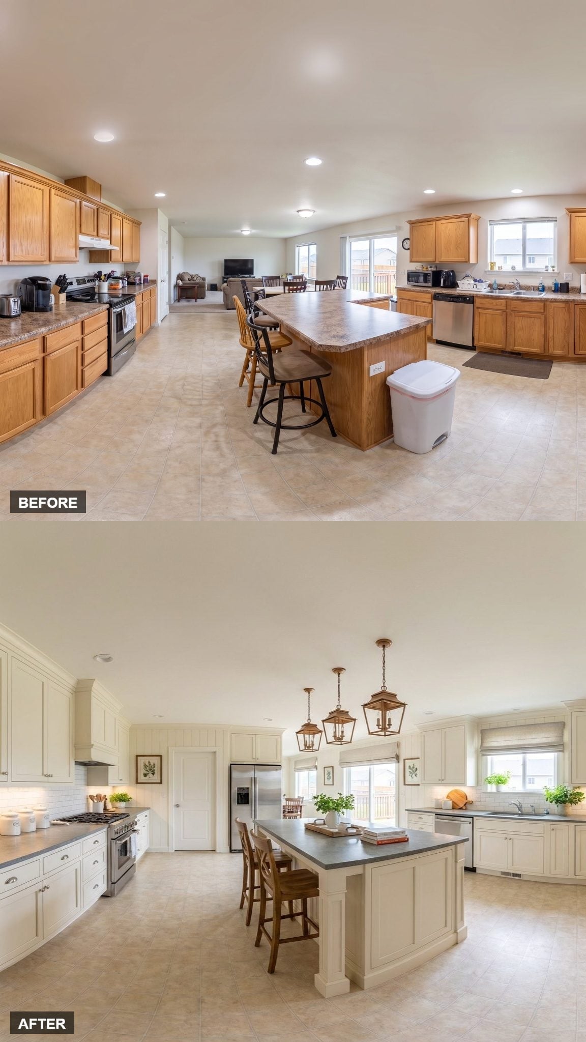 Cream Raised-Panel Cabinets, Slate Counters, and Copper Lanterns That Finally Own the Volume