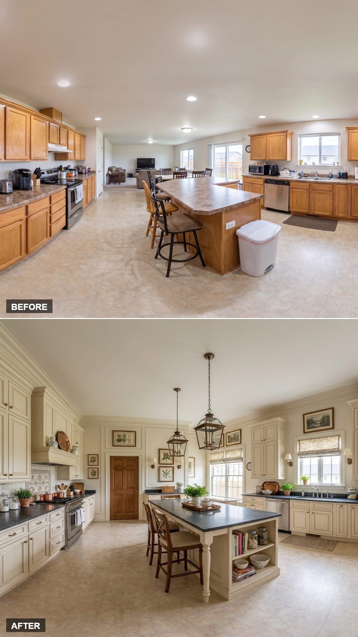 Cream Raised-Panel Cabinets, Soapstone Counters, and Lantern Pendants That Own the Room