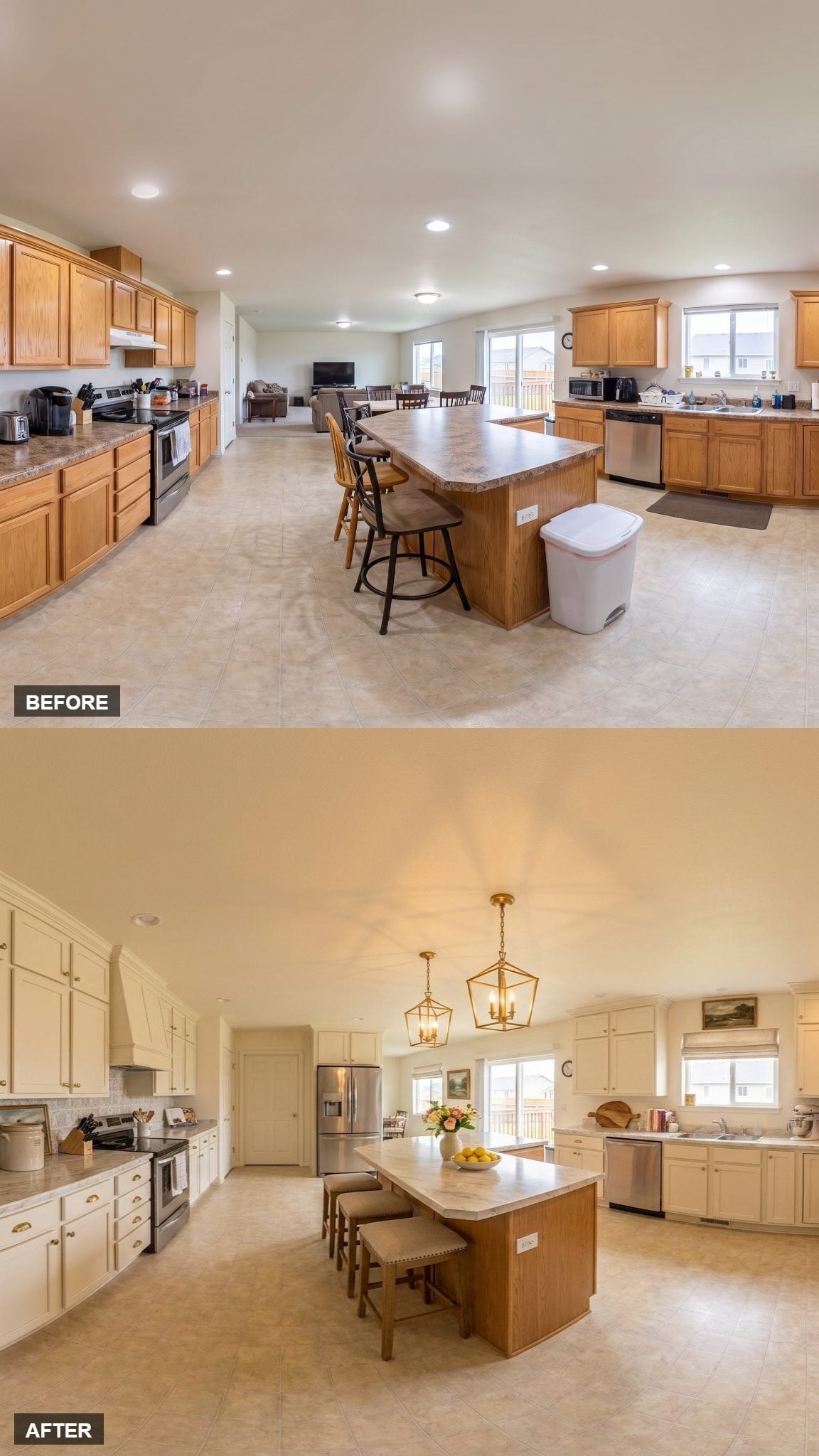 Cream Raised-Panel Doors, Gold Lanterns, and a Marble-Top Island That Finally Owns the Room