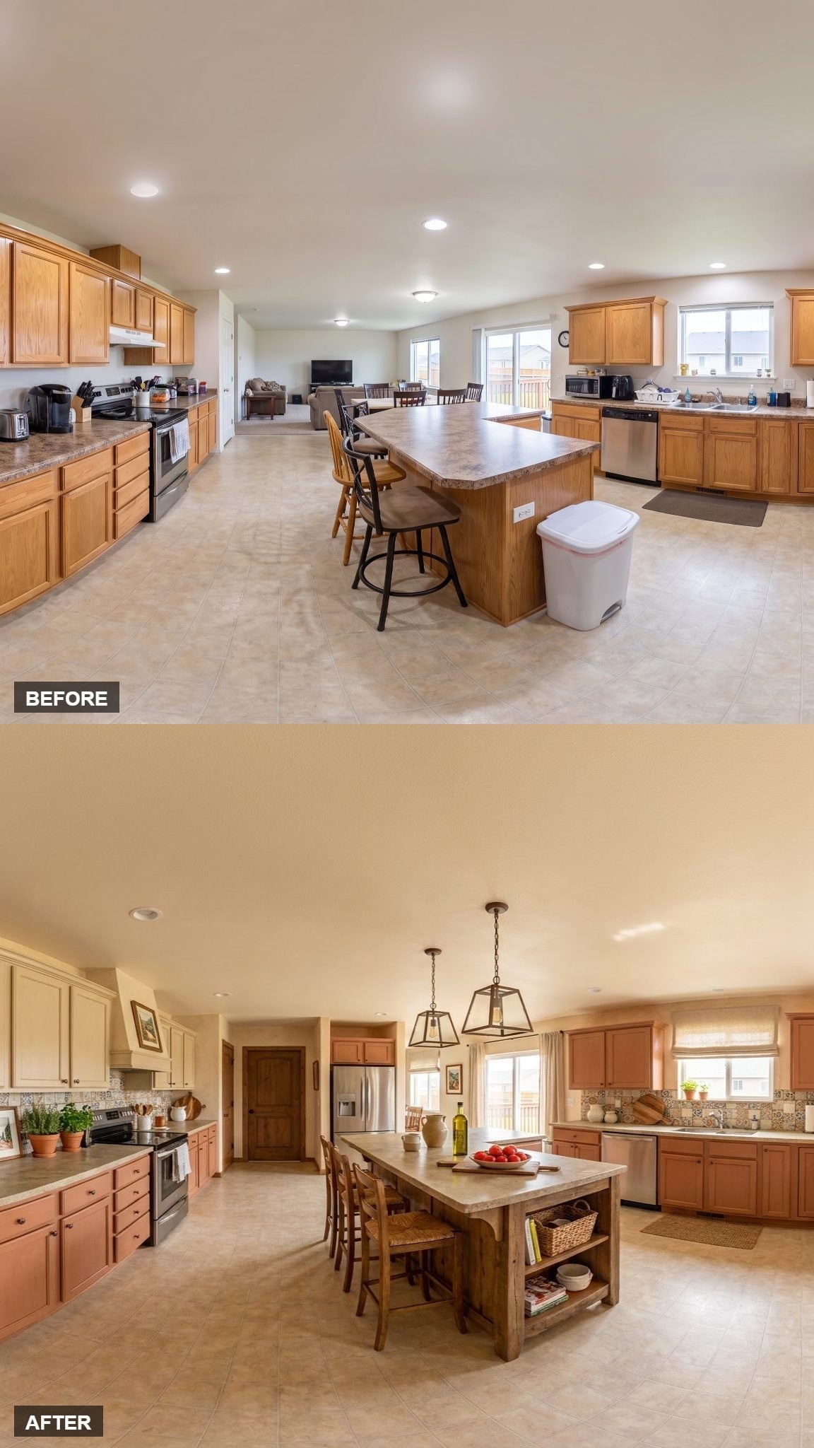 Cream Uppers, Two-Tone Lowers, and Pendant Lanterns That Finally Anchor the Island