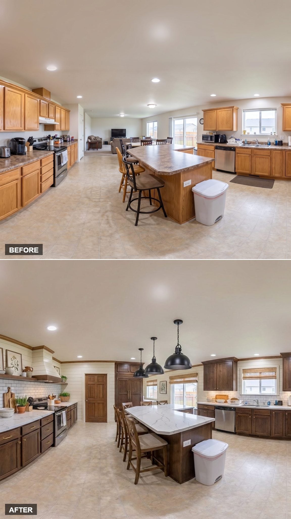 Dark Stained Cabinets, Subway Tile, and Pendant Lights That Finally Define the Zone