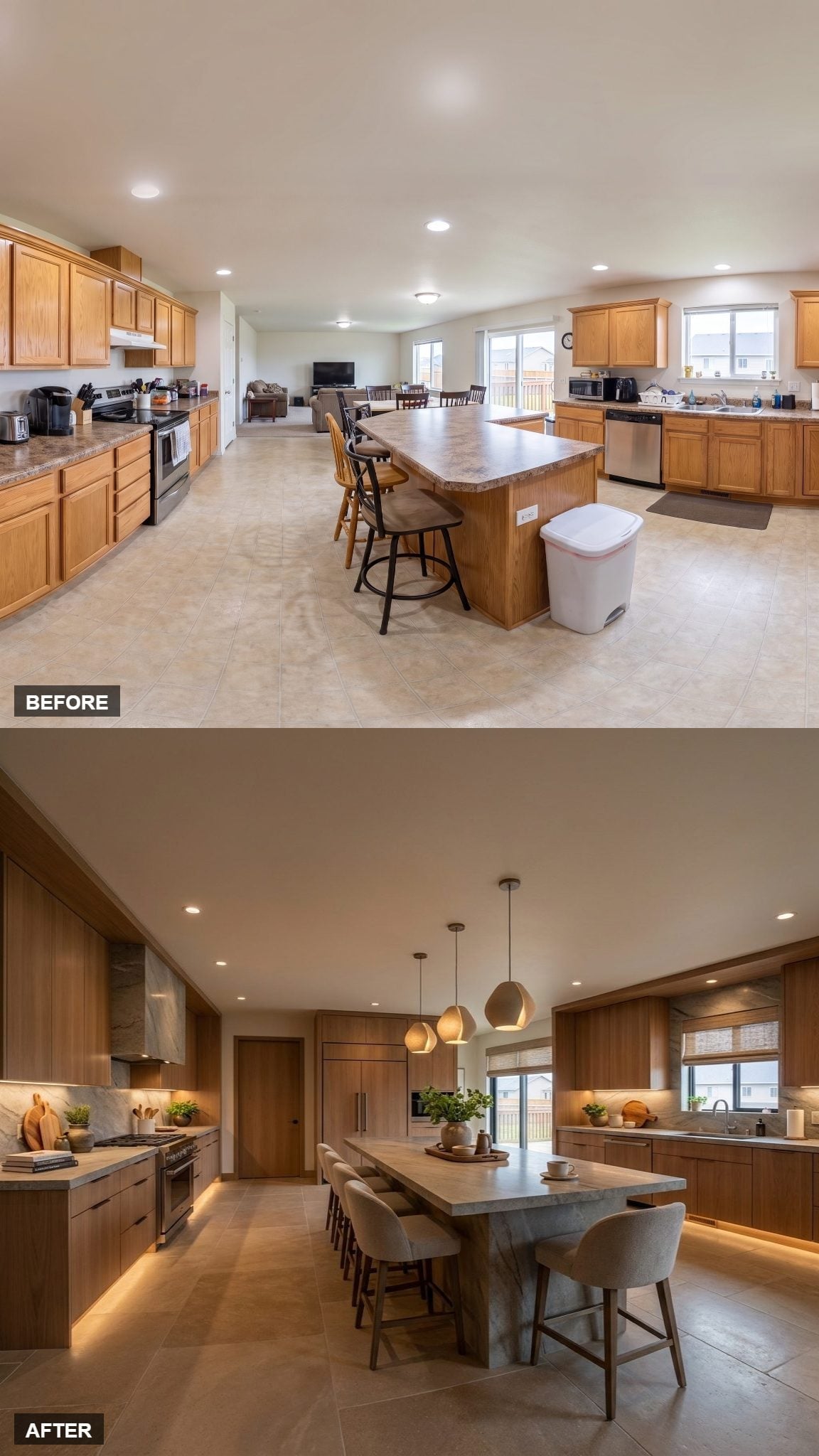Flat-Front Oak Cabinets and a Concrete Island That Actually Earns Its Square Footage