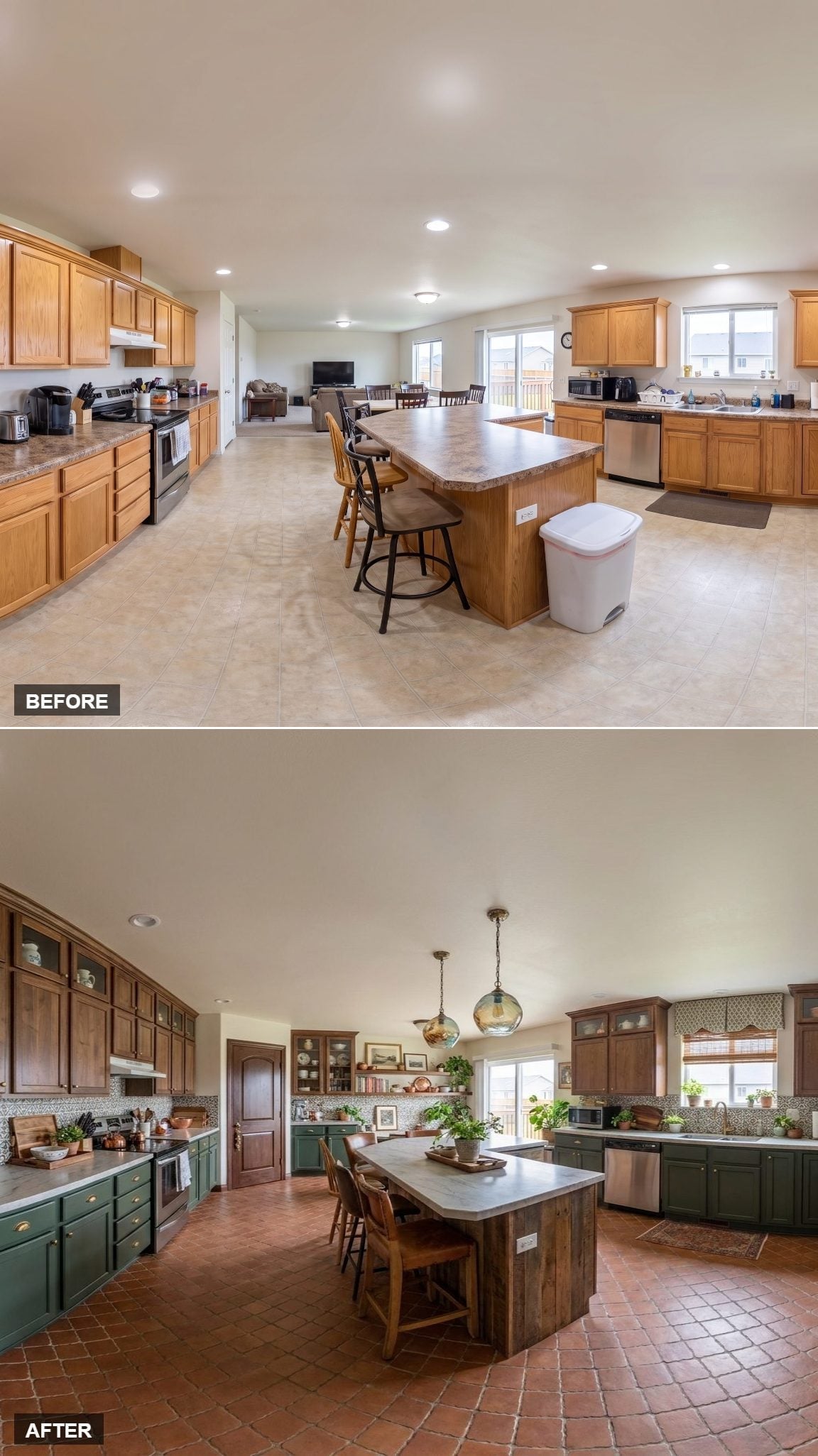 Forest Green Lower Cabinets, Terracotta Tile, and Glass Pendants That Finally Ground the Space