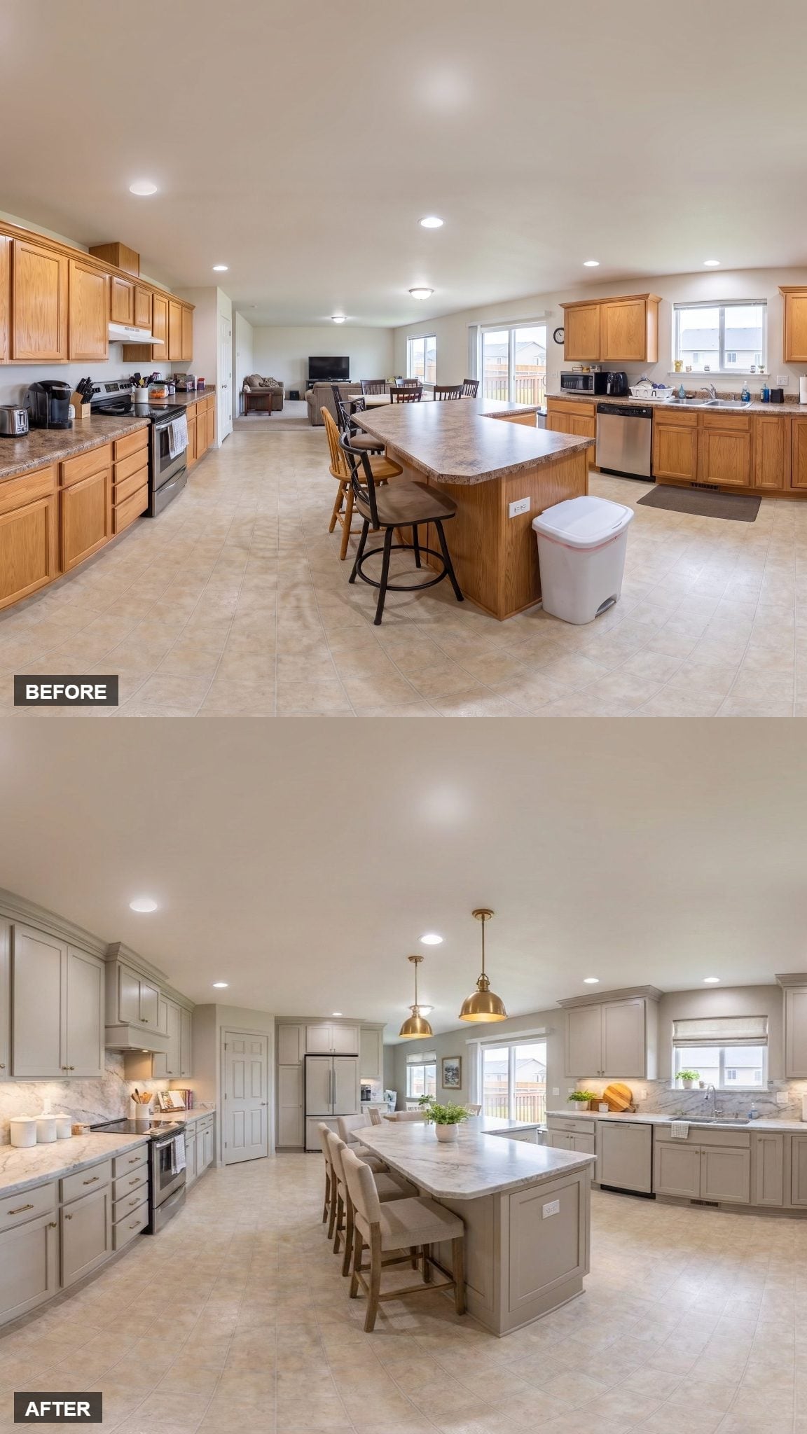 Gray-Green Cabinets, Brass Pendants, and a Marble Island That Finally Commands the Room