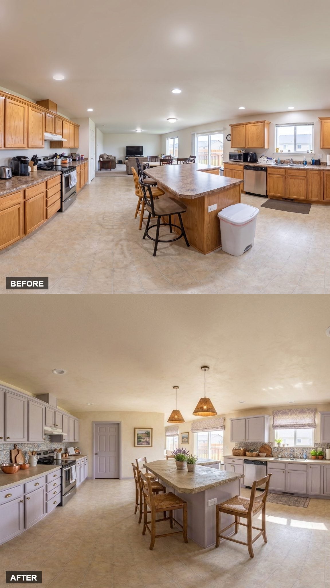Gray-Painted Cabinets, Woven Pendants, and Roman Shades That Finally Quiet the Noise
