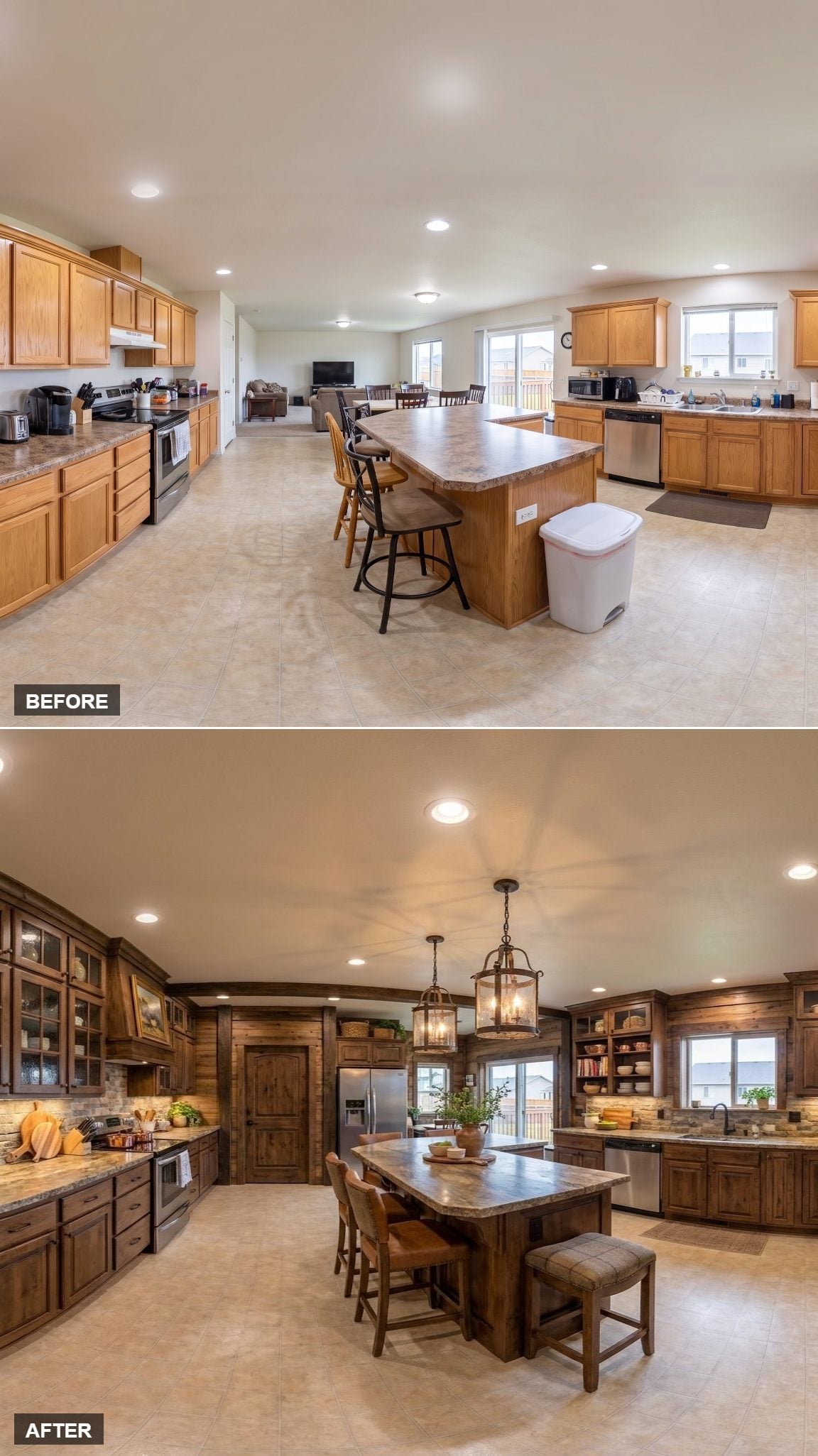 Knotty Alder Cabinets, Lantern Pendants, and a Stone Backsplash That Finally Grounds the Space