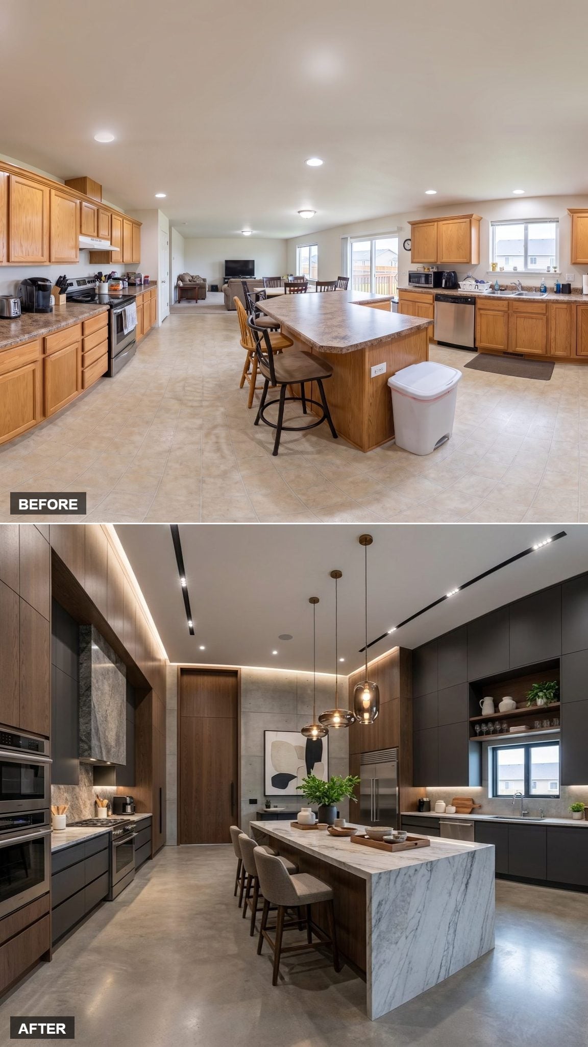 Matte Charcoal Cabinets, Warm Walnut Accents, and a Marble Island That Commands the Room