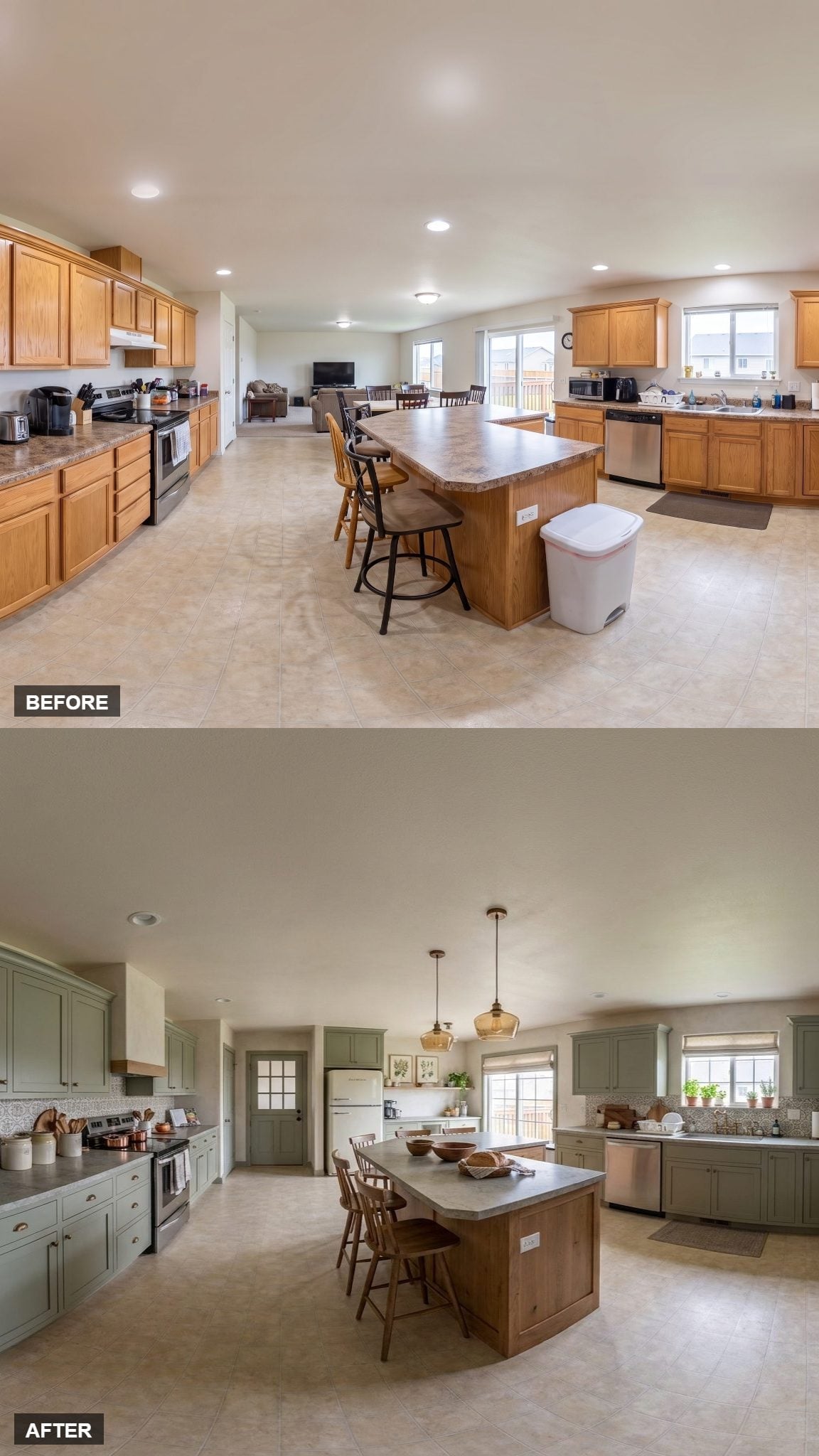 Muted Green Cabinets, Concrete Counters, and Amber Pendants That Finally Ground the Space