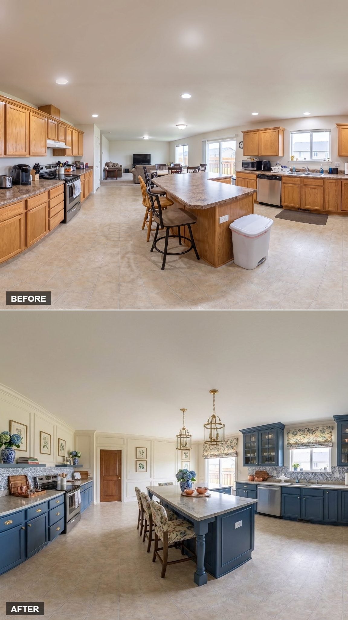 Navy Blue, Wainscoting Panels, and Gold Lanterns That Finally Claim the Space