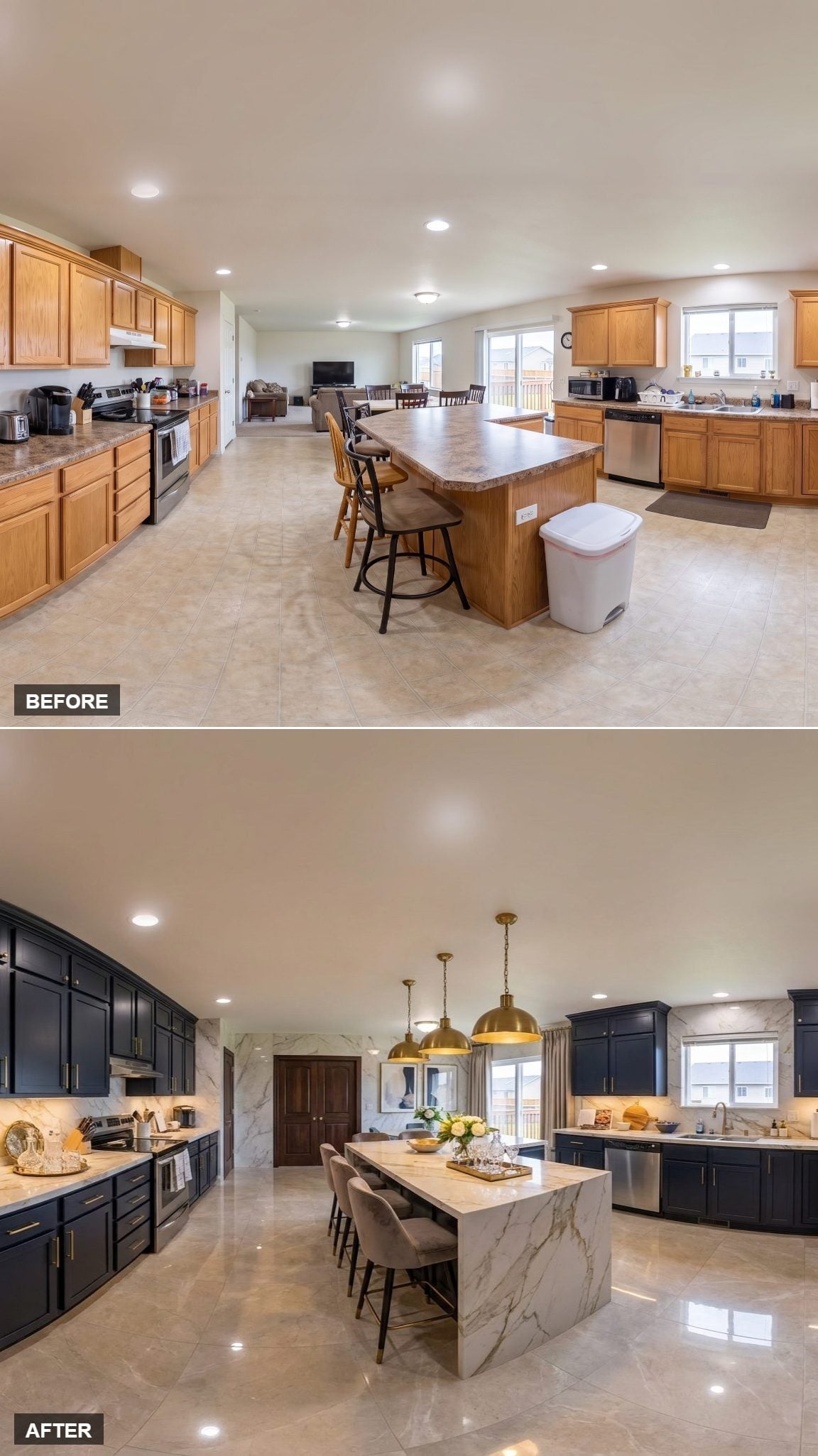 Navy Cabinets, Gold Pendants, and a Marble Island That Defines the Zone