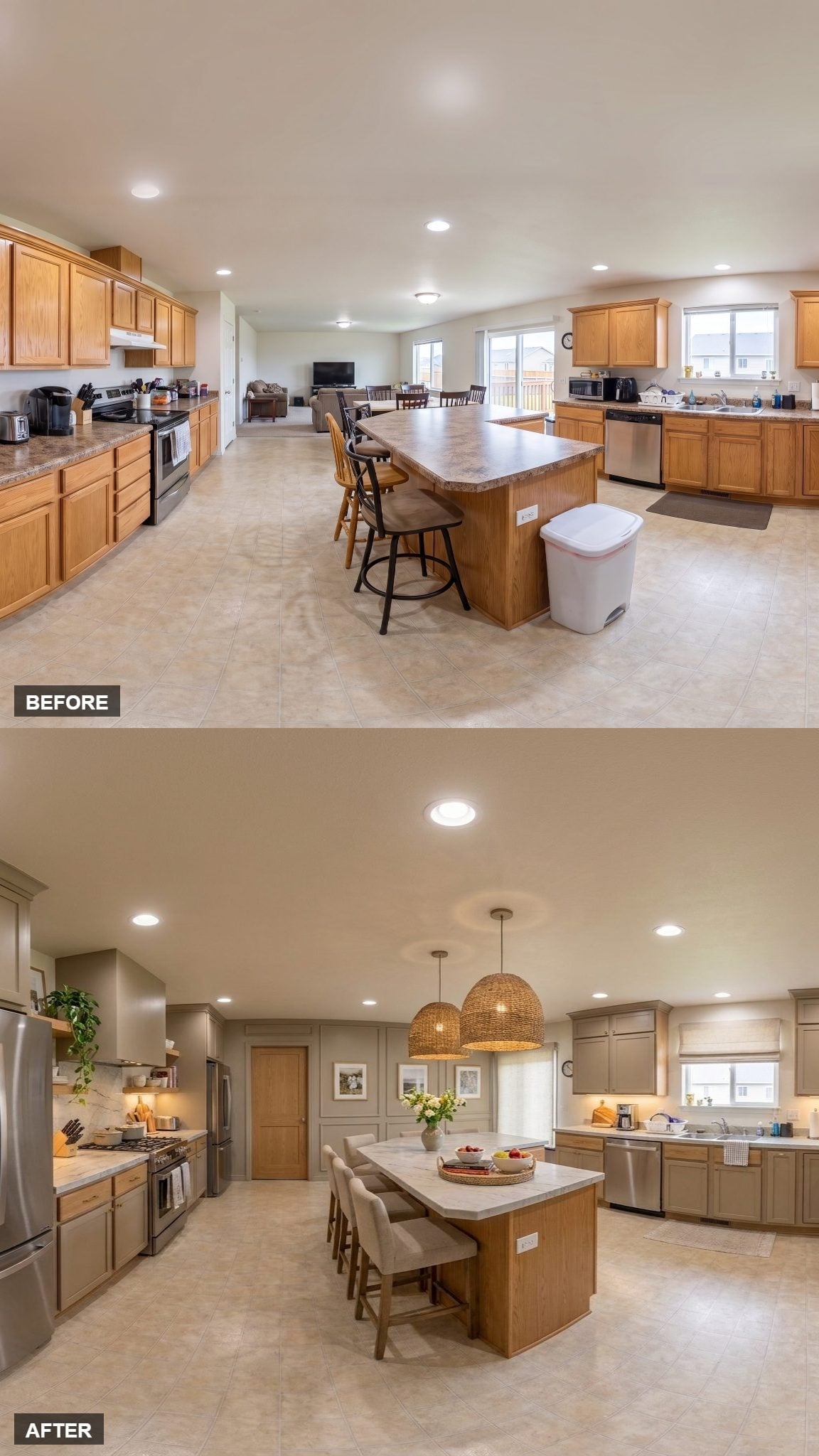 Painted Cabinets, Woven Pendants, and a Kitchen That Finally Has a Focal Point