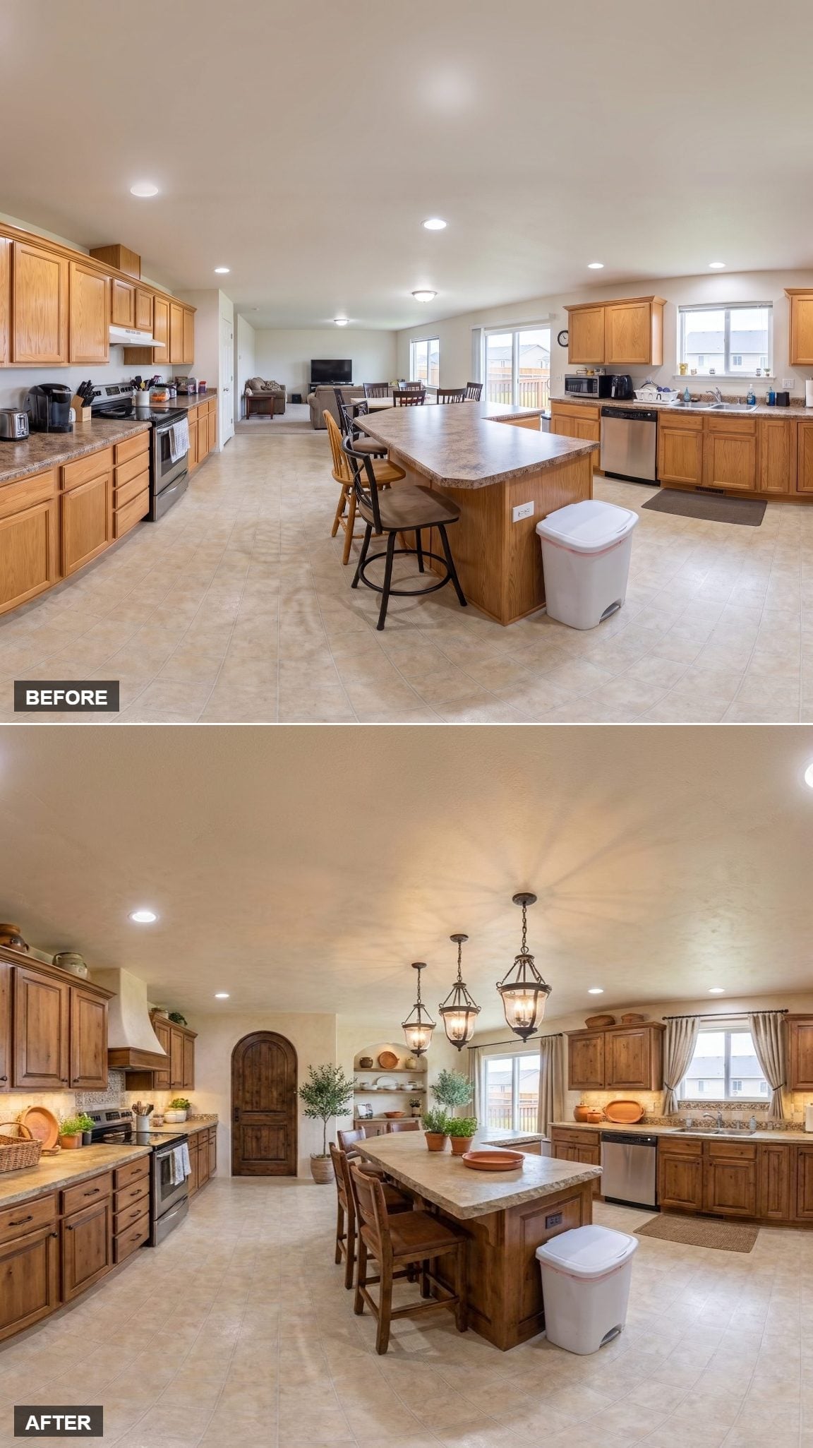 Rustic Knotty Cabinets, Lantern Pendants, and an Arched Door That Stops the Eye