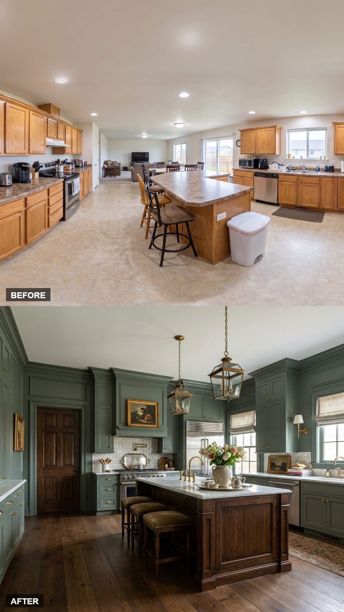 Sage Green Cabinets, Brass Lanterns, and Wainscoting That Finally Claim the Room