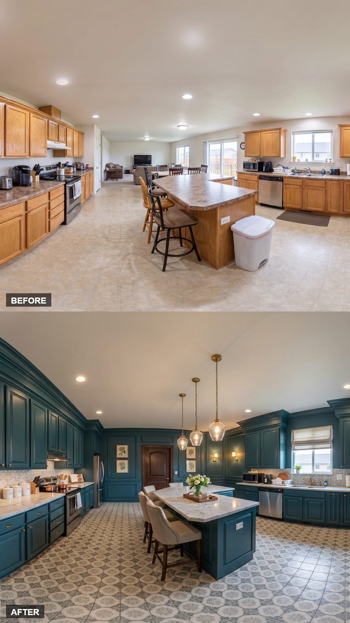Teal Cabinets, Brass Pendants, and a Pattern Floor That Pulls the Zone Together