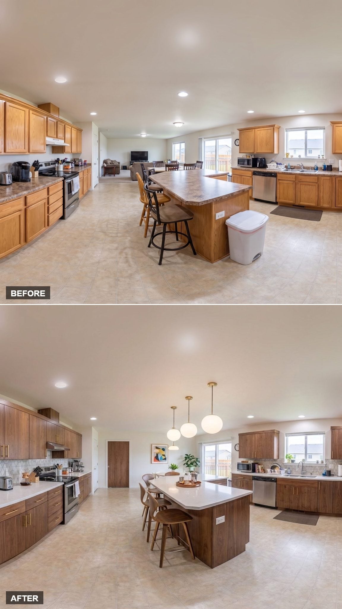 Walnut Cabinets, Globe Pendants, and a White Island That Finally Defines the Kitchen