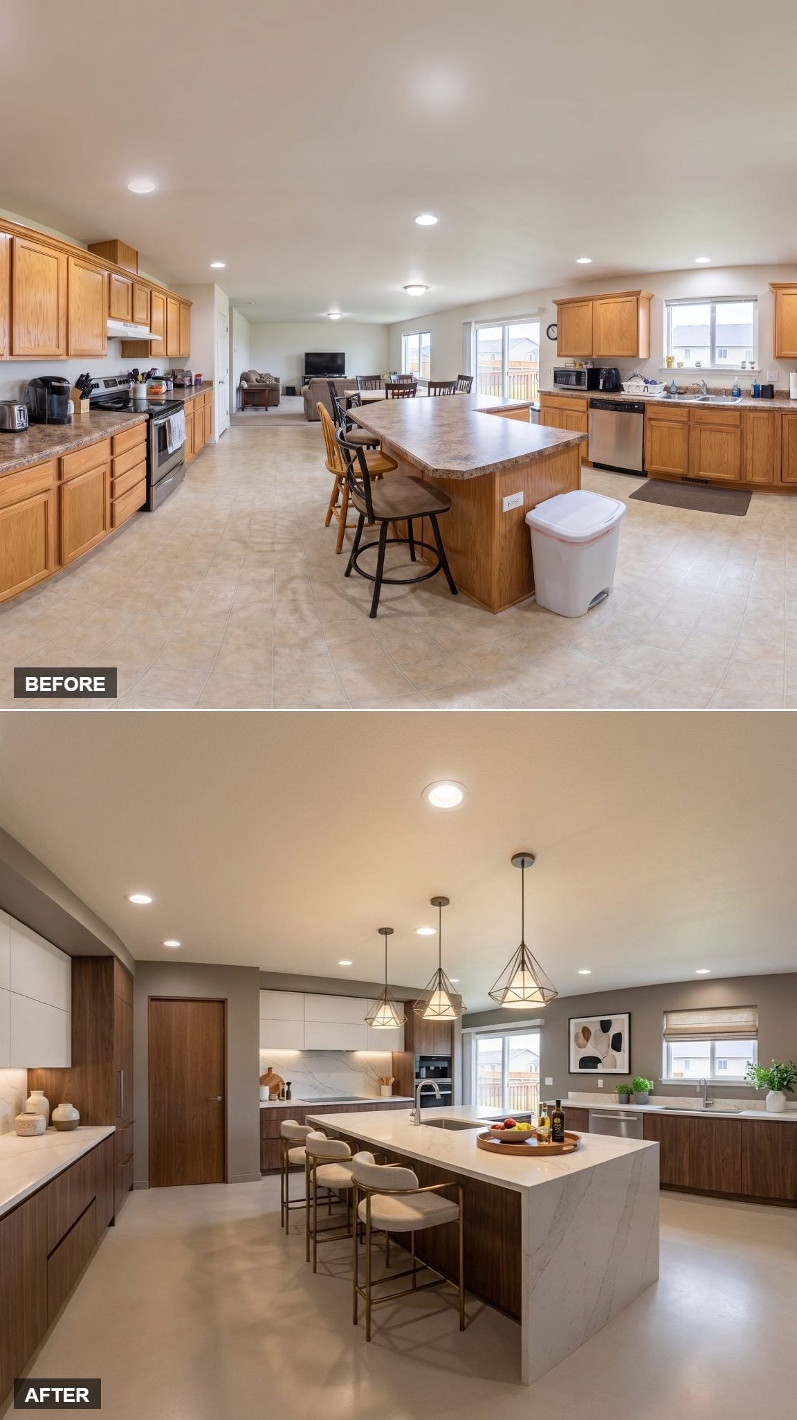 Walnut Lowers, White Uppers, and a Waterfall Island That Anchors the Whole Room