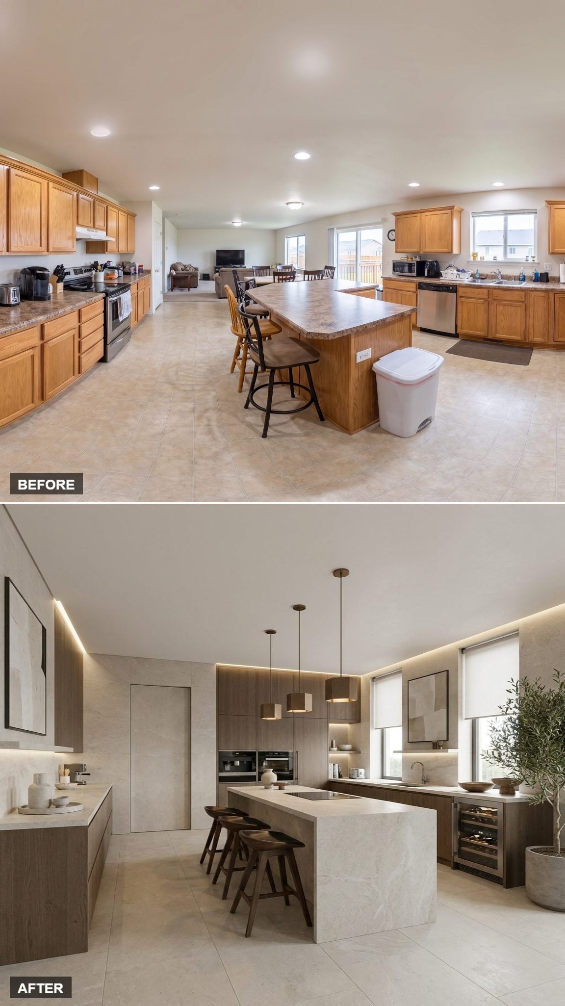 Warm Walnut Flat-Fronts, Stone Cladding, and LED Coves That Finally Define the Zone