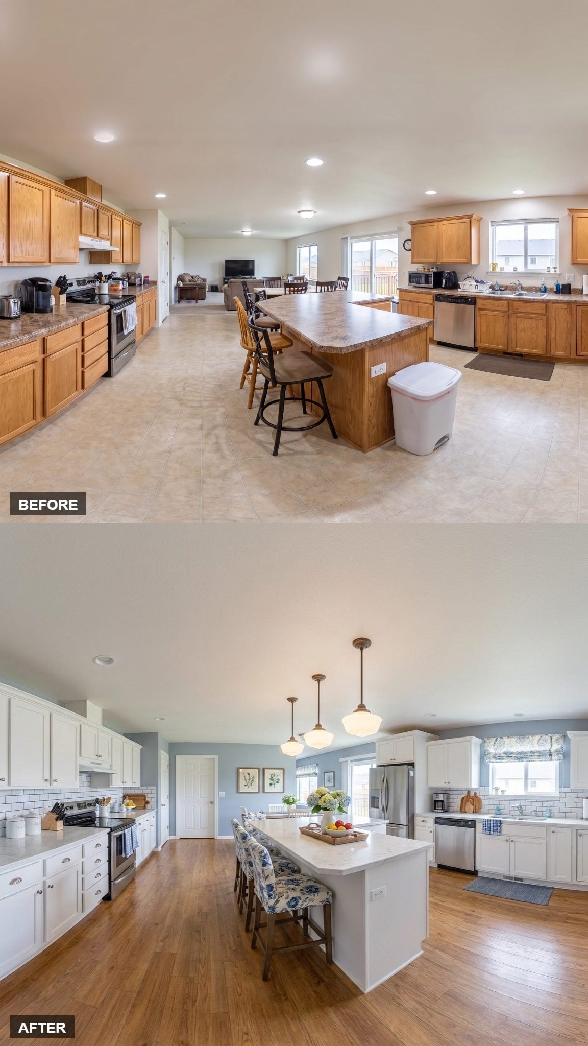 White Shaker Cabinets, Schoolhouse Pendants, and Blue-Gray Walls That Finally Claim the Room