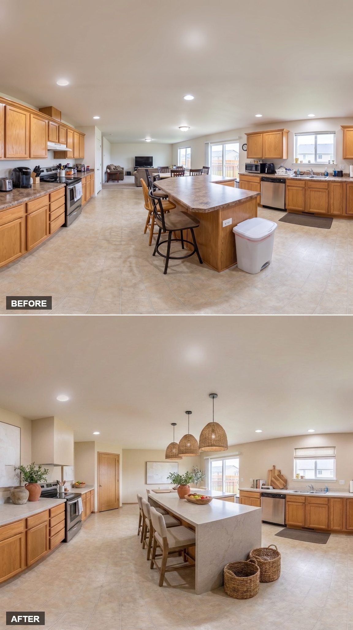Woven Pendants, Quartz Island, and Oak Cabinets That Finally Feel Intentional