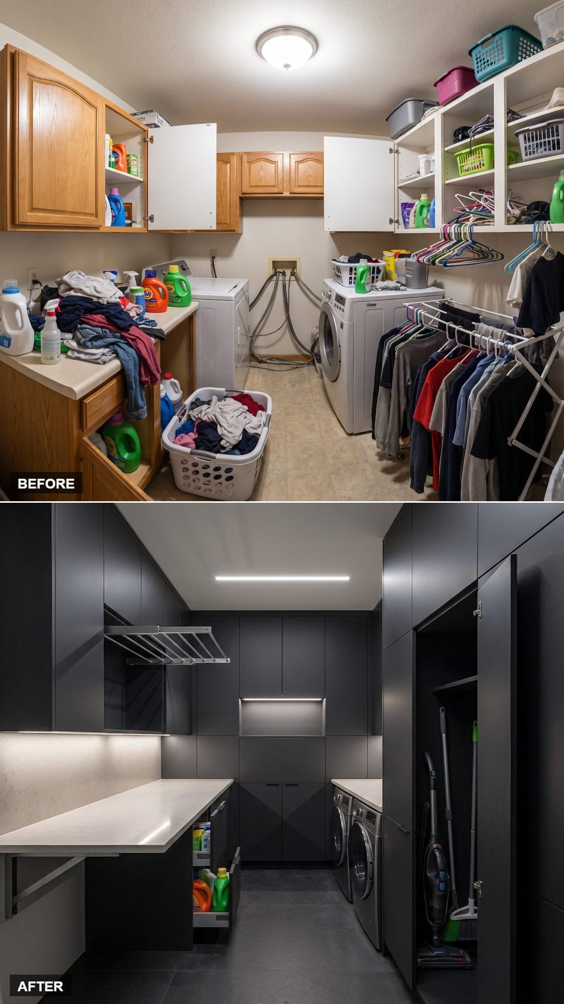 Charcoal Slab Cabinetry and Linear LED Lighting Gave This Laundry Room a Dark, Controlled Identity