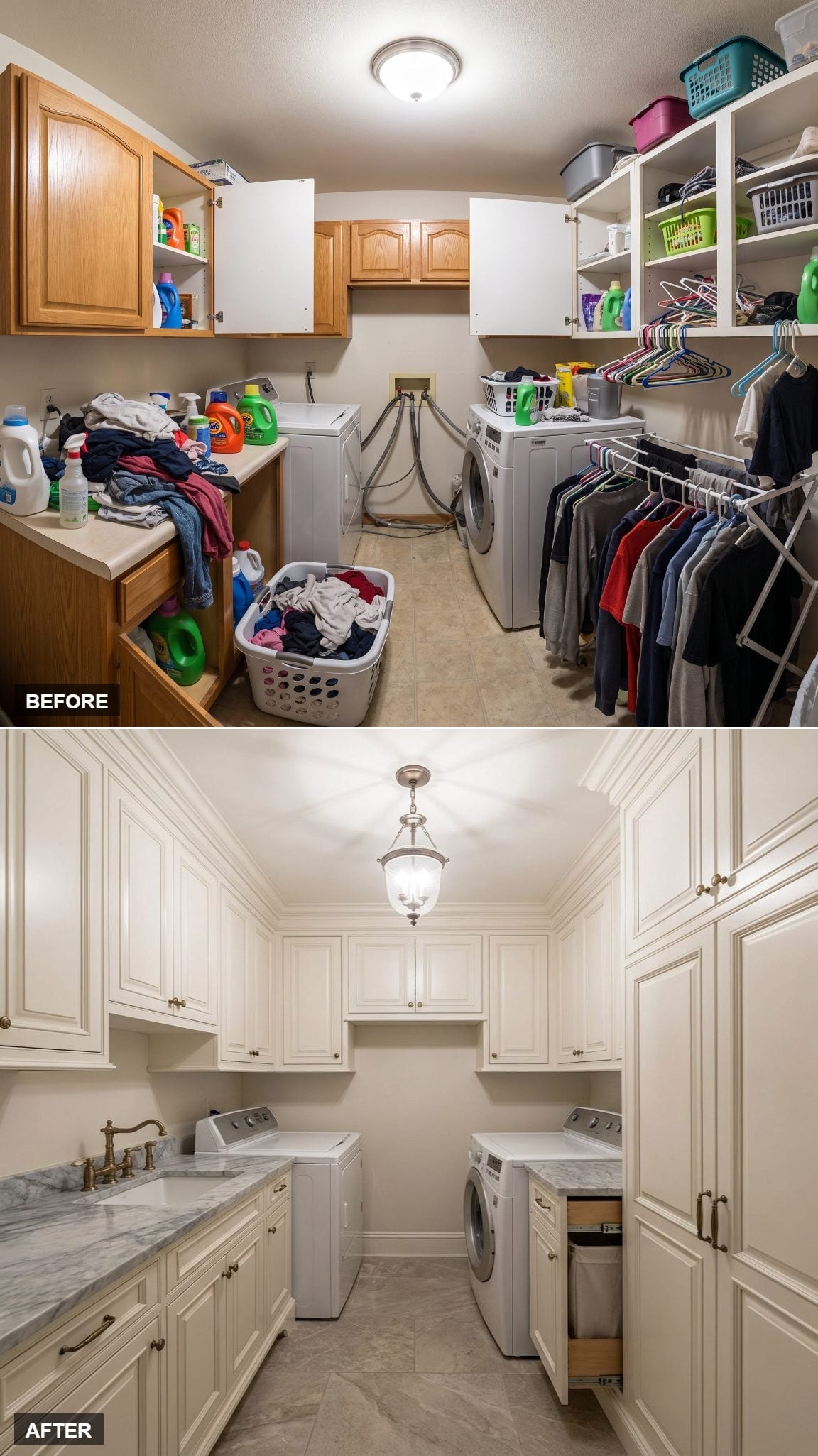 Cream Raised-Panel Cabinetry and Marble Countertops Made This Laundry Room Look Like It Belongs Upstairs