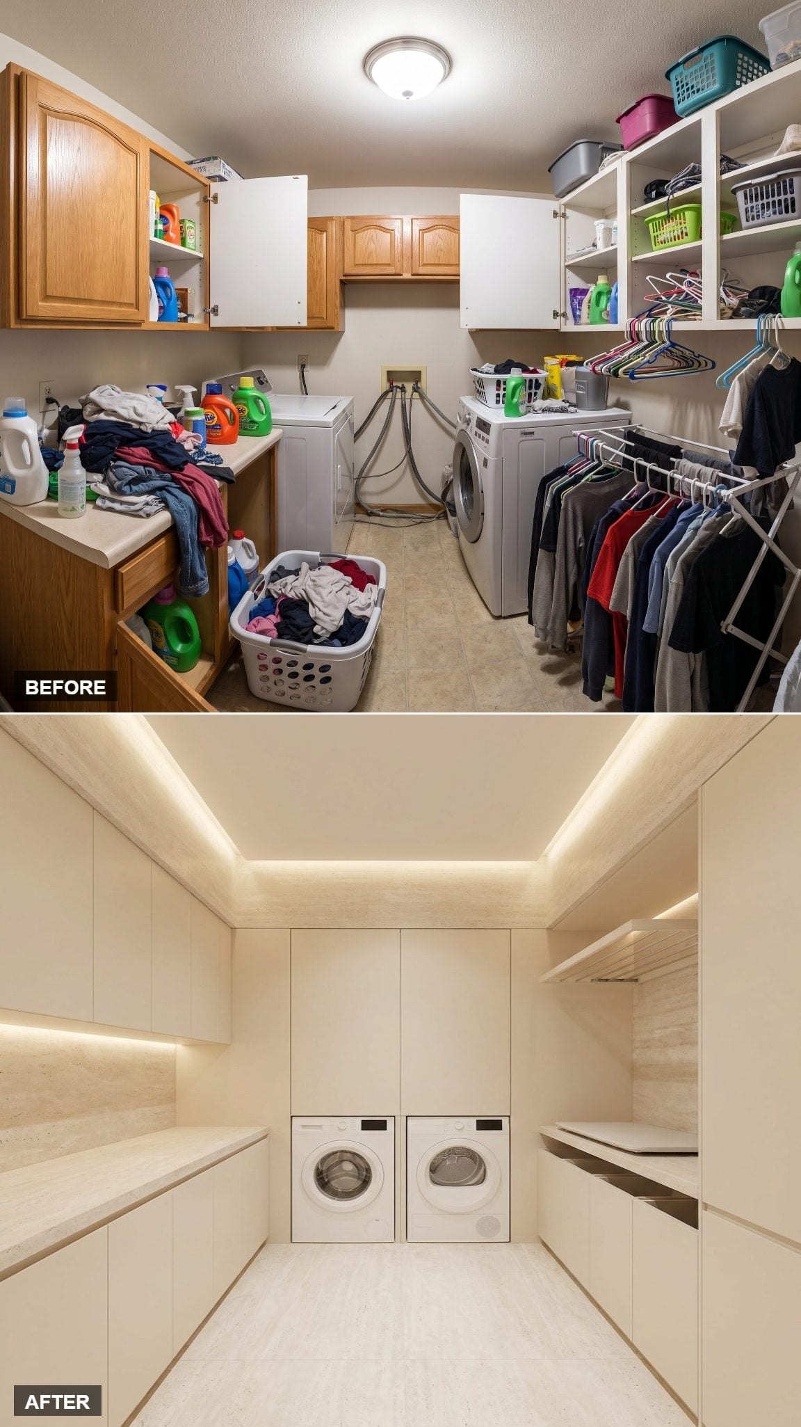 Cream Stone Surfaces and Cove Lighting Gave This Laundry Room a Gallery-Level Finish