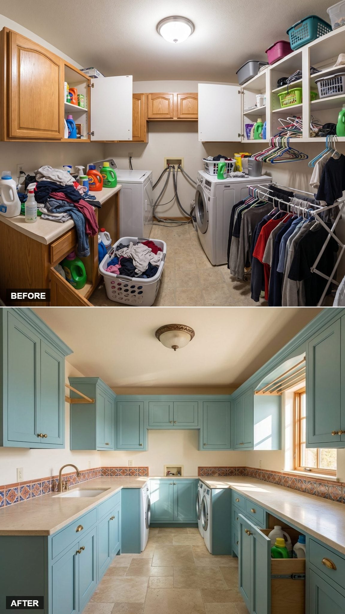 Duck-Egg Blue Cabinetry and Talavera Tile Backsplash Gave This Laundry Room a Personality