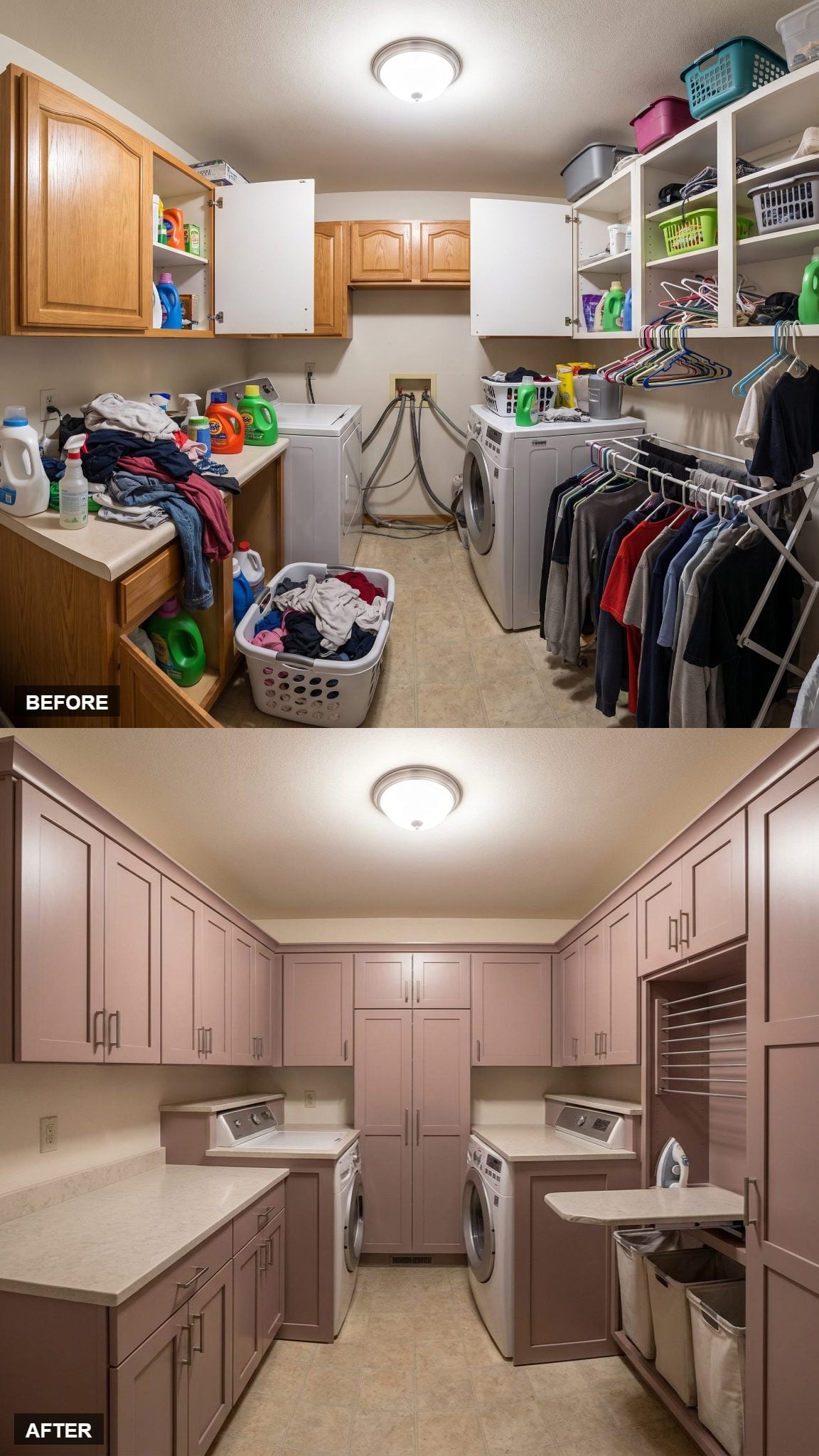 Dusty Rose Shaker Cabinetry and Built-In Drying Rack Locked Every Square Inch Down
