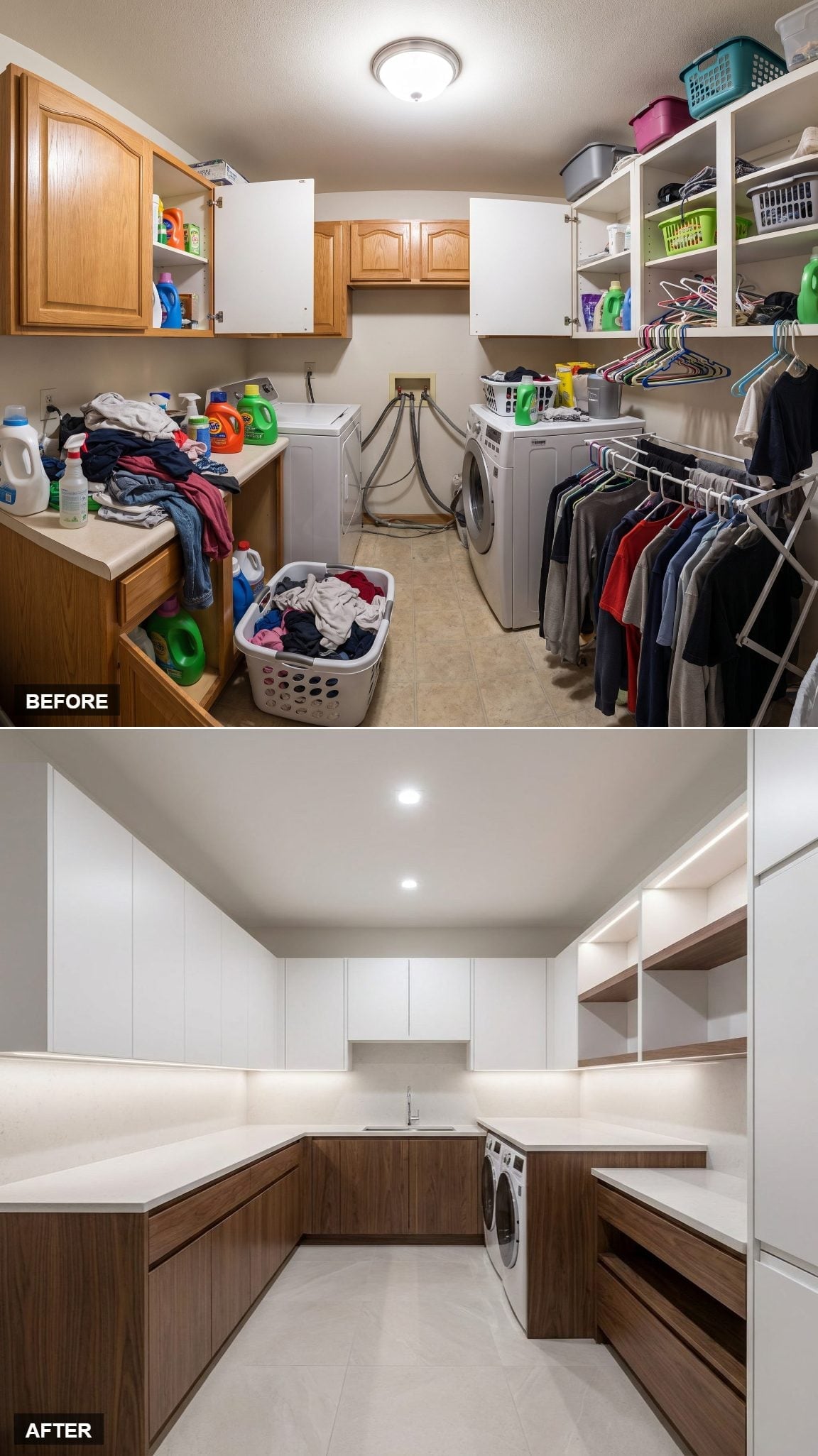 Flat-Front White Uppers and Walnut Base Cabinetry Gave This Laundry Room Its Composure