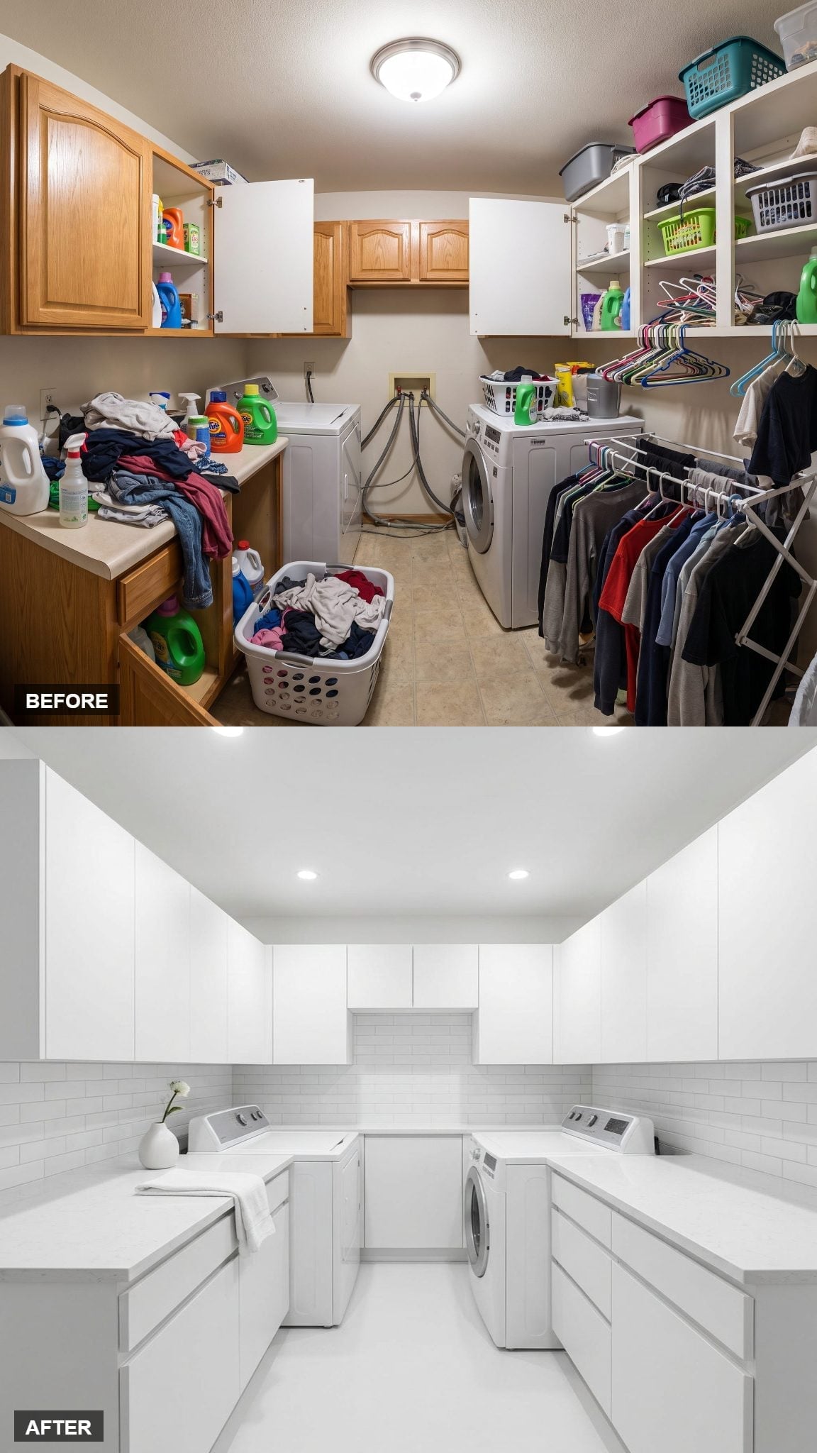 Floor-to-Ceiling White Cabinetry Turned One Chaotic Laundry Room Into a Calm Workspace