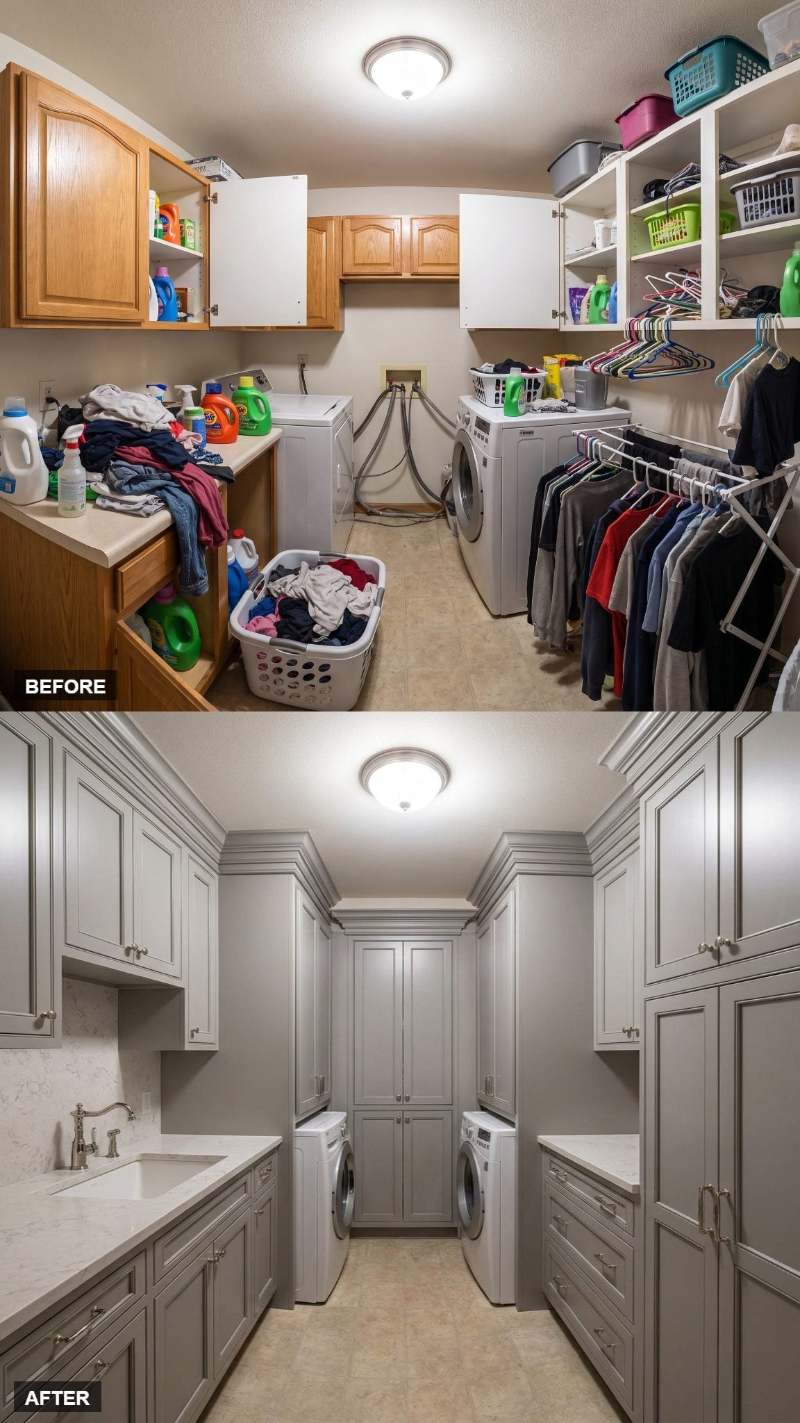 Gray Raised-Panel Cabinetry and a Floor-to-Ceiling Tower Cabinet Took Full Control Here