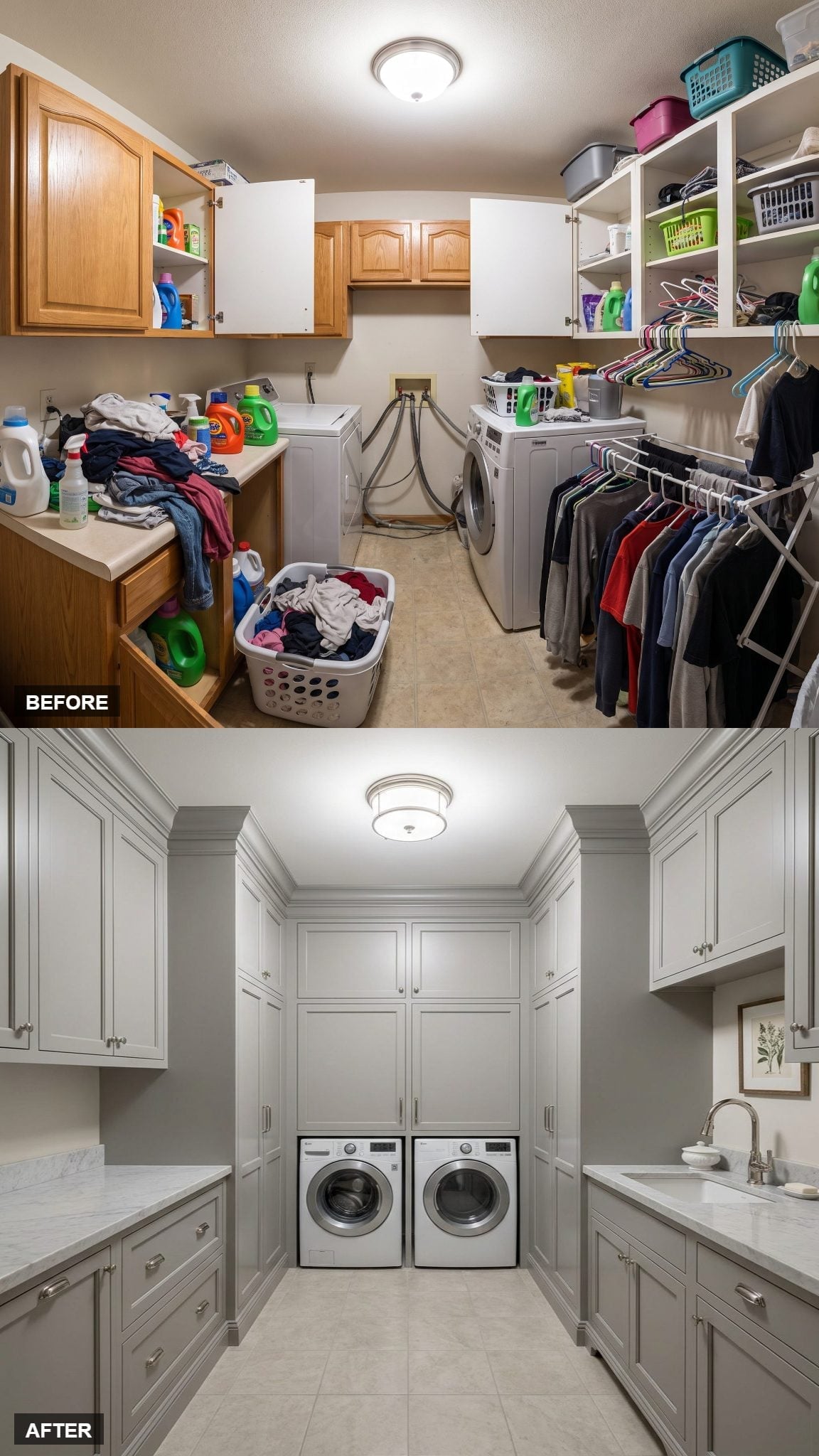 Gray Shaker Cabinetry and Marble Counters Gave This Laundry Room a Serious Upgrade