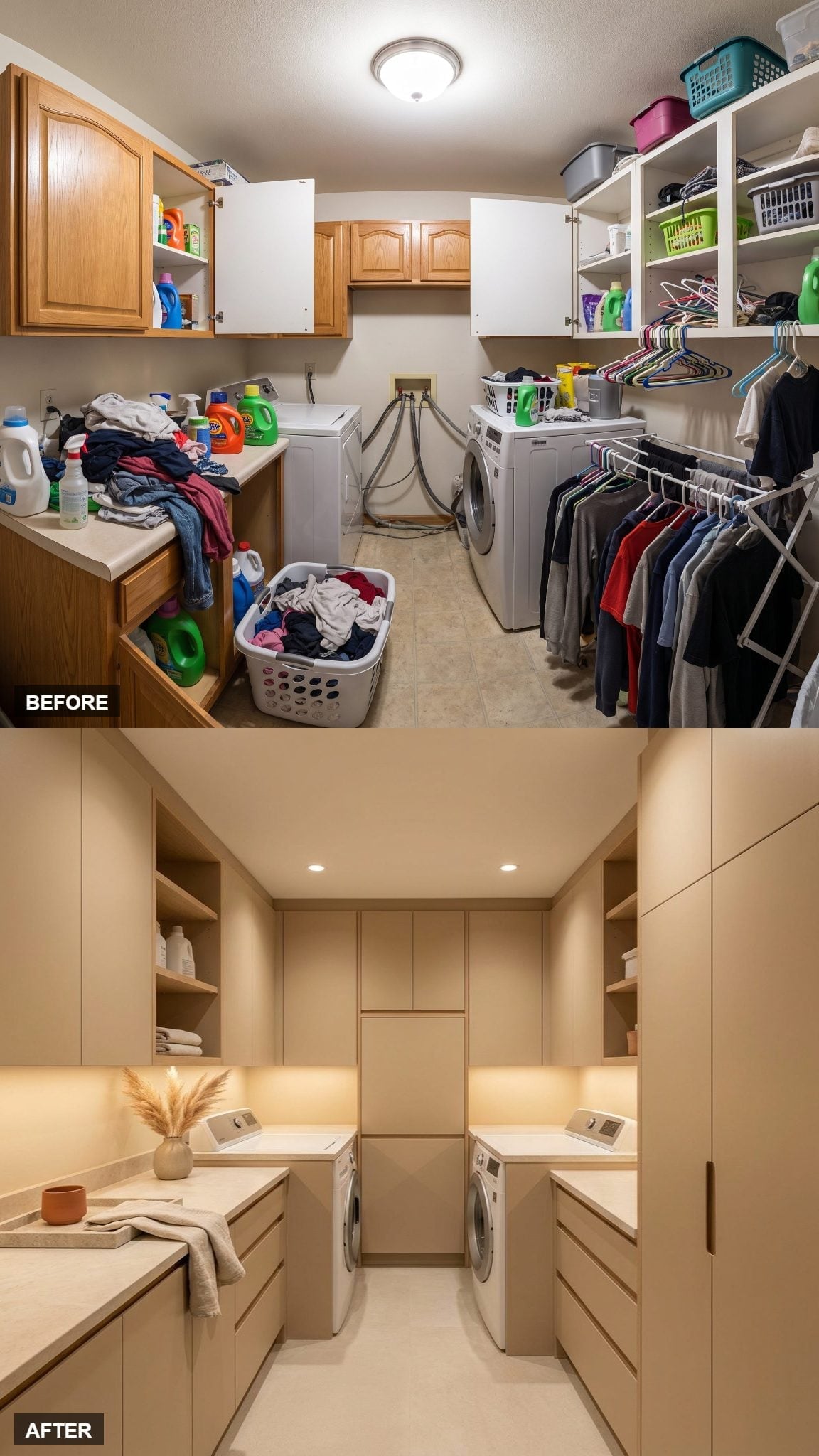 Greige Flat-Front Cabinetry Floor-to-Ceiling and Recessed Light Turned This Into a Different Room