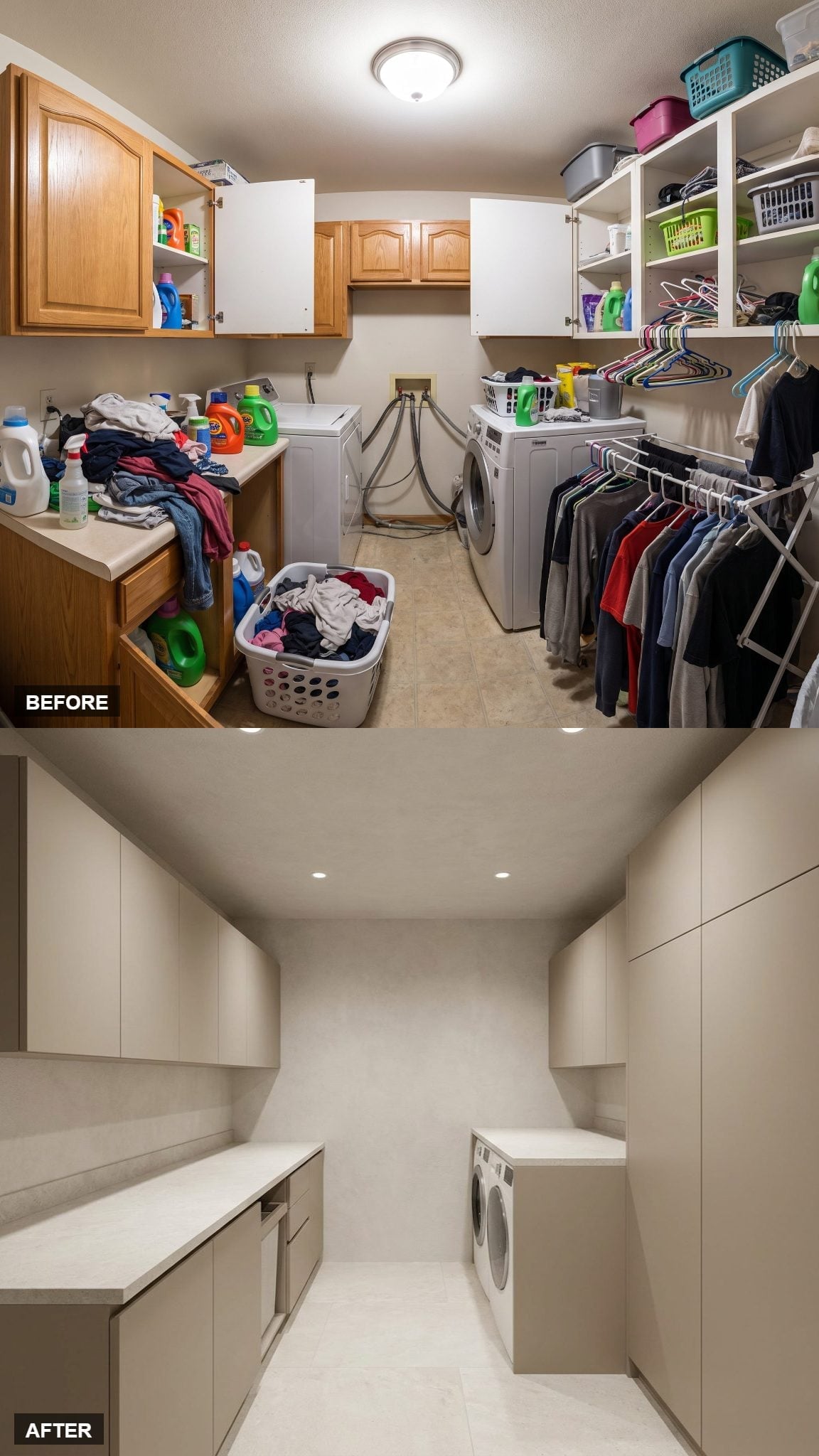 Greige Flat-Front Cabinetry Floor-to-Ceiling Turned This Laundry Room Into Dead-Quiet Order