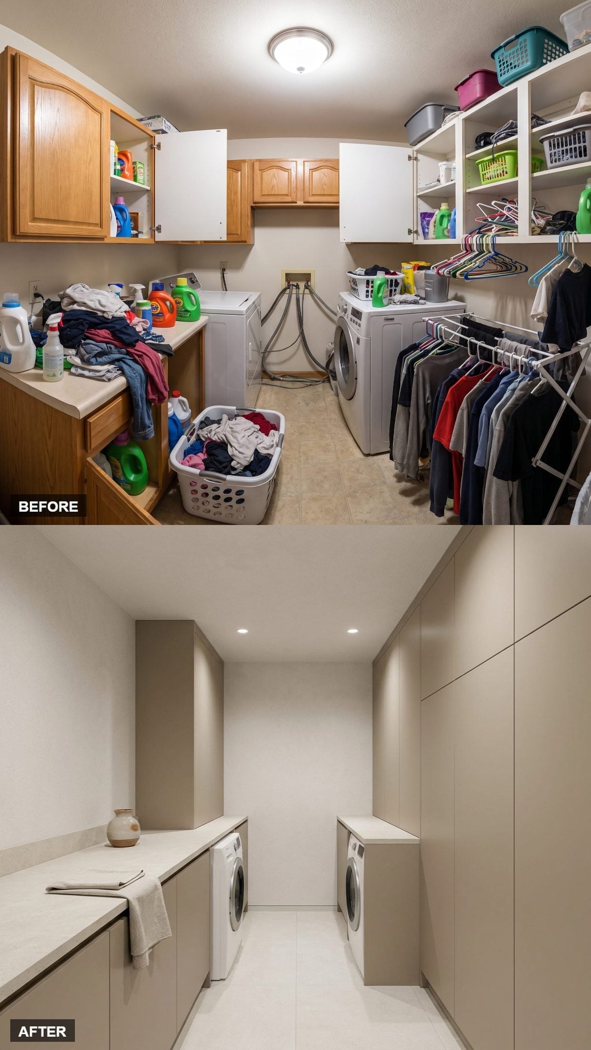 Greige Flat-Front Cabinetry Ran Floor-to-Ceiling and Left Clutter Nowhere to Land