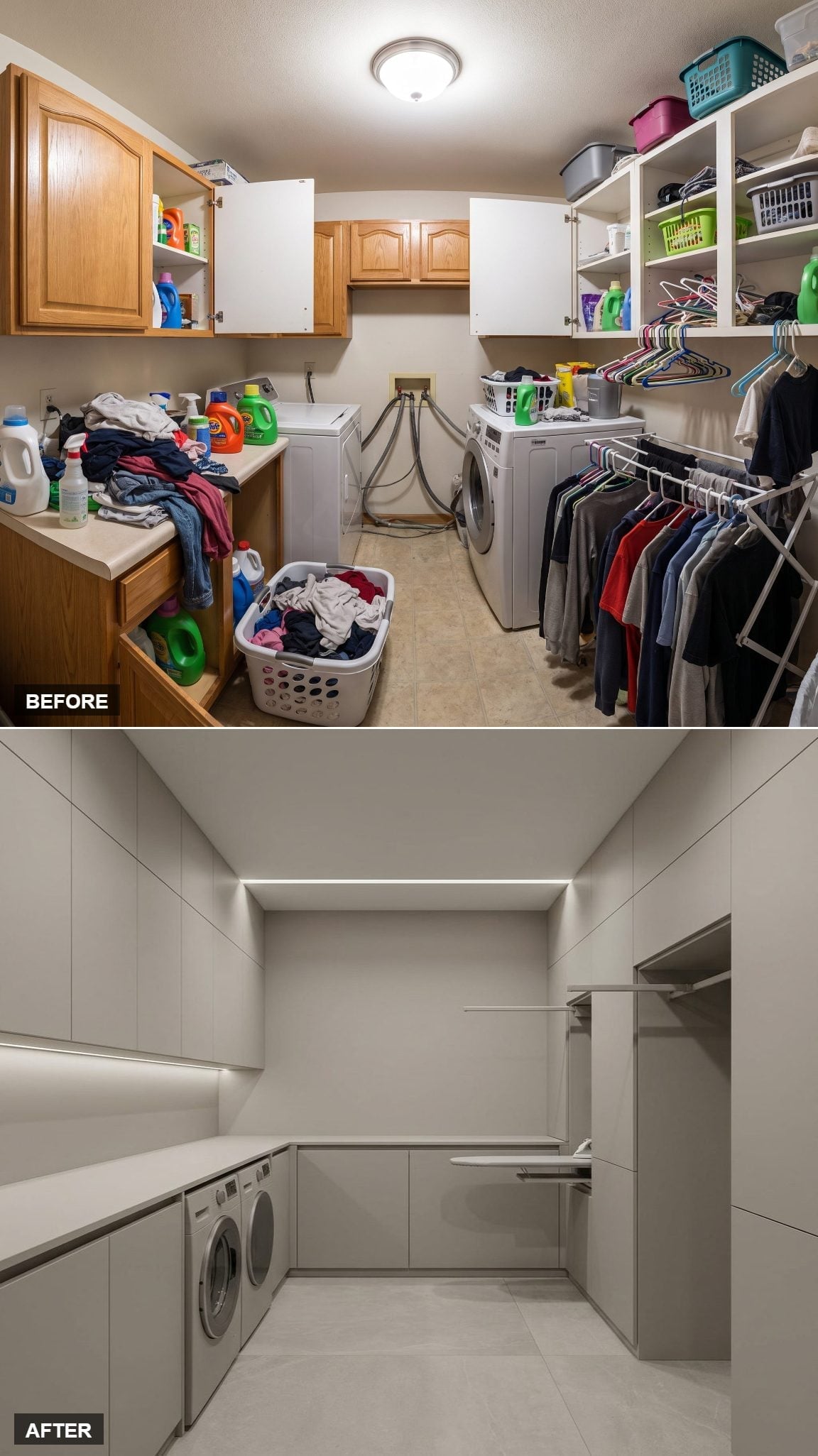 Greige Slab Cabinetry and Linear LED Cove Lighting Gave This Laundry Room Zero Visual Noise