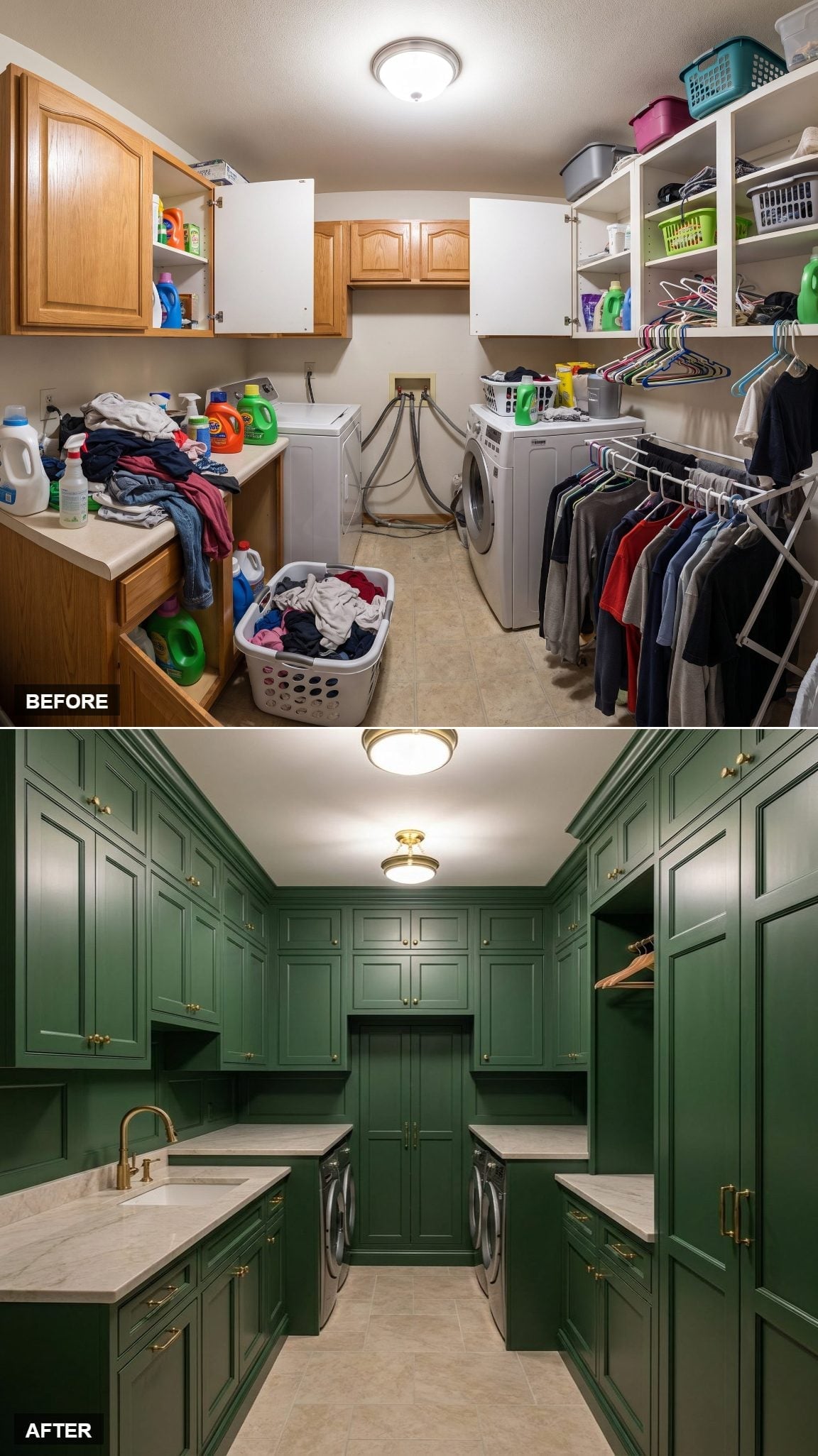 Hunter Green Cabinetry and Brass Hardware Gave This Laundry Room a Serious Point of View