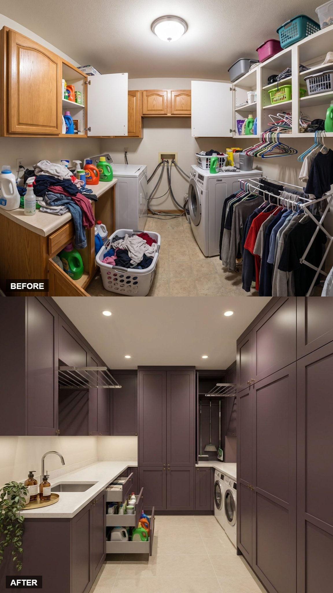 Mauve-Purple Shaker Cabinetry and Pull-Out Base Drawers Locked This Laundry Room Down